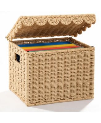 Woven Hanging File Organizer Collapsible Scalloped Lid Portable Storage for Home Office
