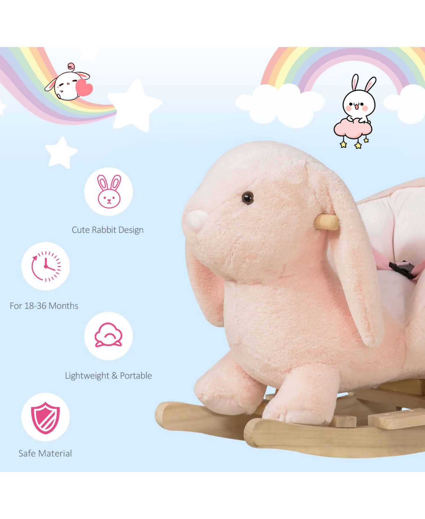 Детская мягкая игрушка Glintex Rocking Rabbit Plush Ride-On Rocker with Realistic Sound, 88-lb Capacity, Ages 18-36 Months, цвет: Розовый — фото 5