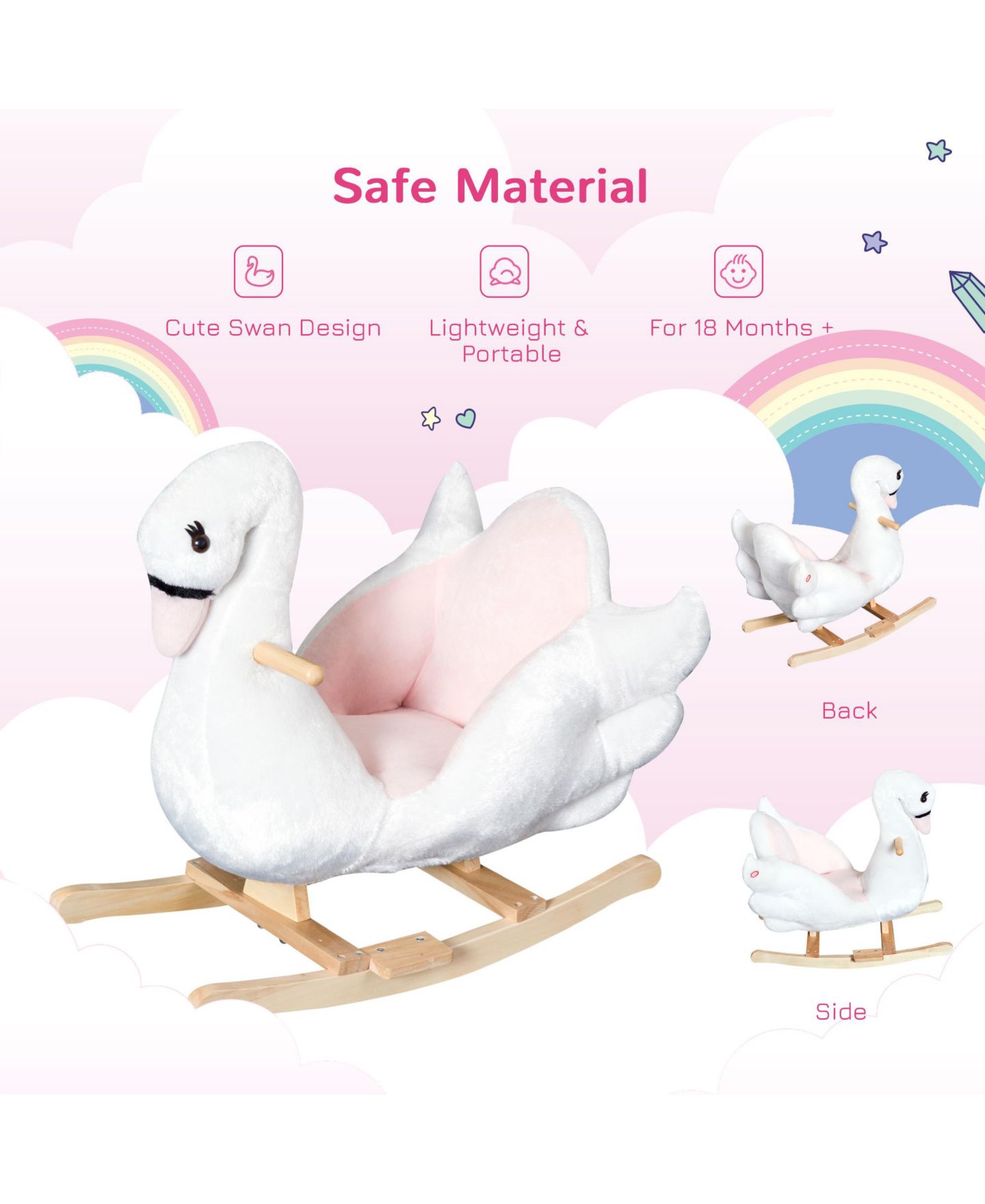 Детская мягкая игрушка Glintex Rocking Swan Plush Rocker with Music, Ages 18 Months+, цвет: Белый / Розовый — фото 3