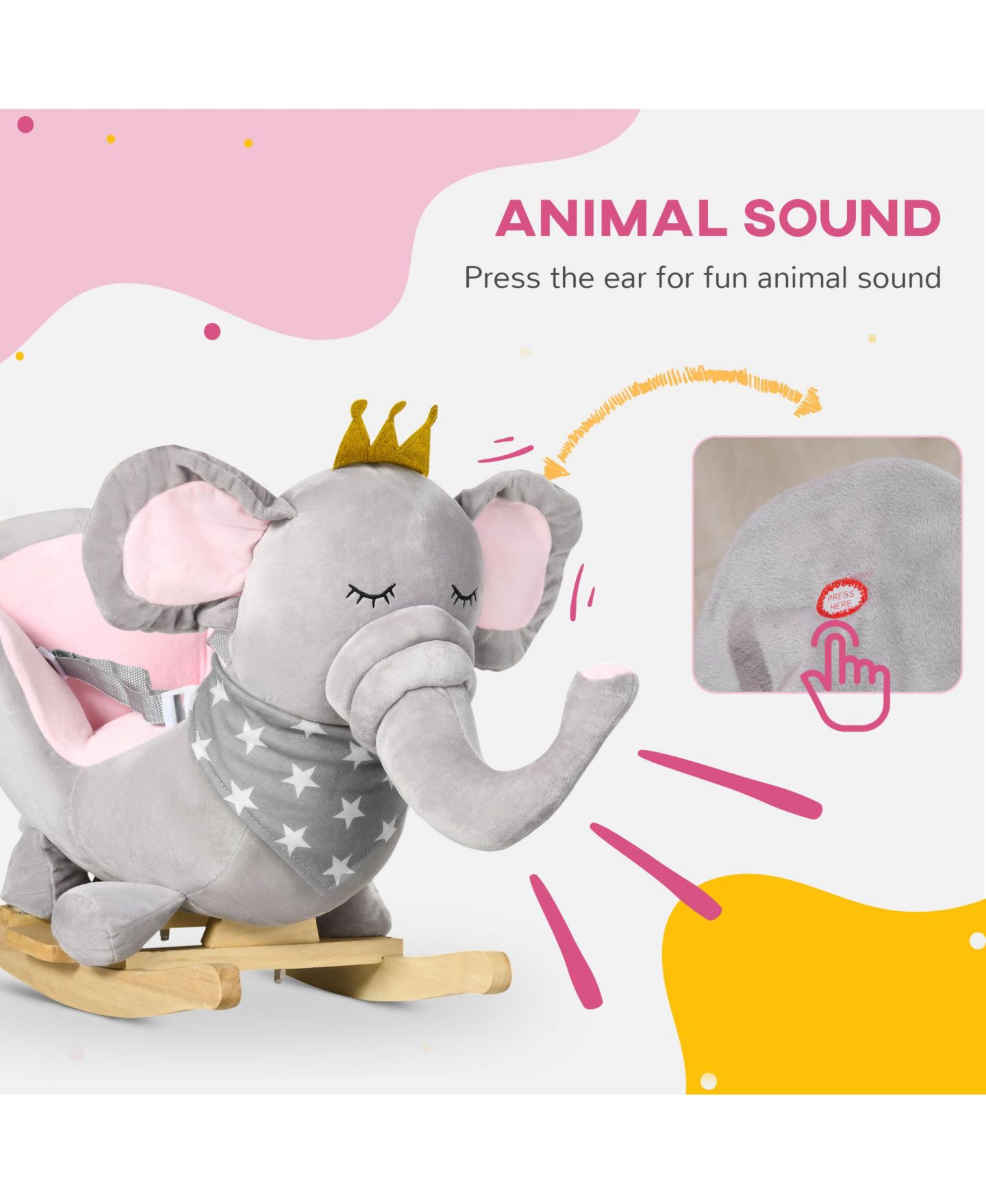 Детская мягкая игрушка Glintex Baby Rocking Elephant Plush Rocking Chair With Sounds, 110 lbs, Ages 1.5-3, цвет: Серый — фото 2