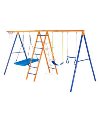 6-in-1 Metal A-Frame Swing Set with 2 Swings, Trapeze Bar, Climbing Ladder, Climbing Net & Basketball Hoop, 440 lb Capacity, Ages 3-12