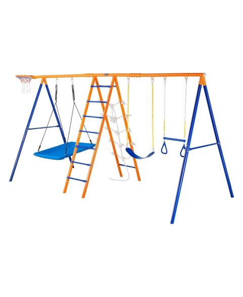 Детские игрушки Glintex 6-in-1 Metal A-Frame Swing Set with 2 Swings, Trapeze Bar, Climbing Ladder, Climbing Net & Basketball Hoop, 440 lb Capacity, Ages 3-12, цвет: Синий