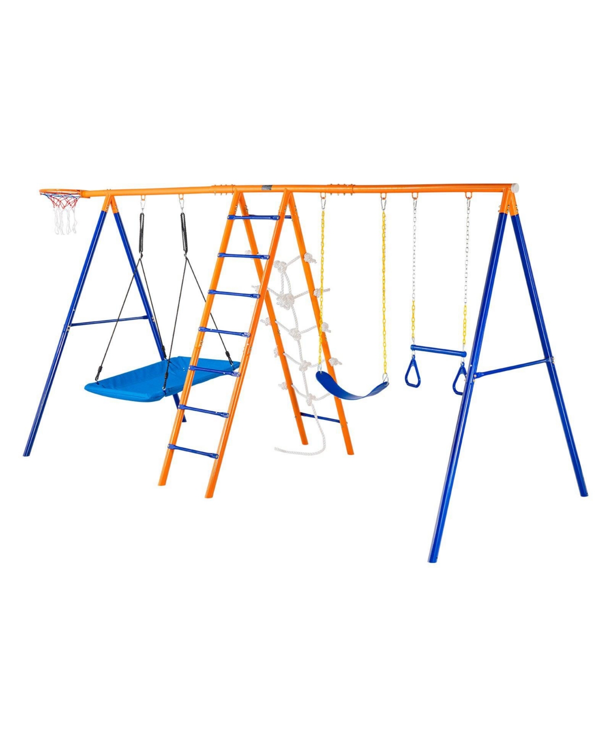 Glintex 6-in-1 Metal A-Frame Swing Set with 2 Swings, Trapeze Bar, Climbing Ladder, Climbing Net & Basketball Hoop, 440 lb Capacity, Ages 3-12