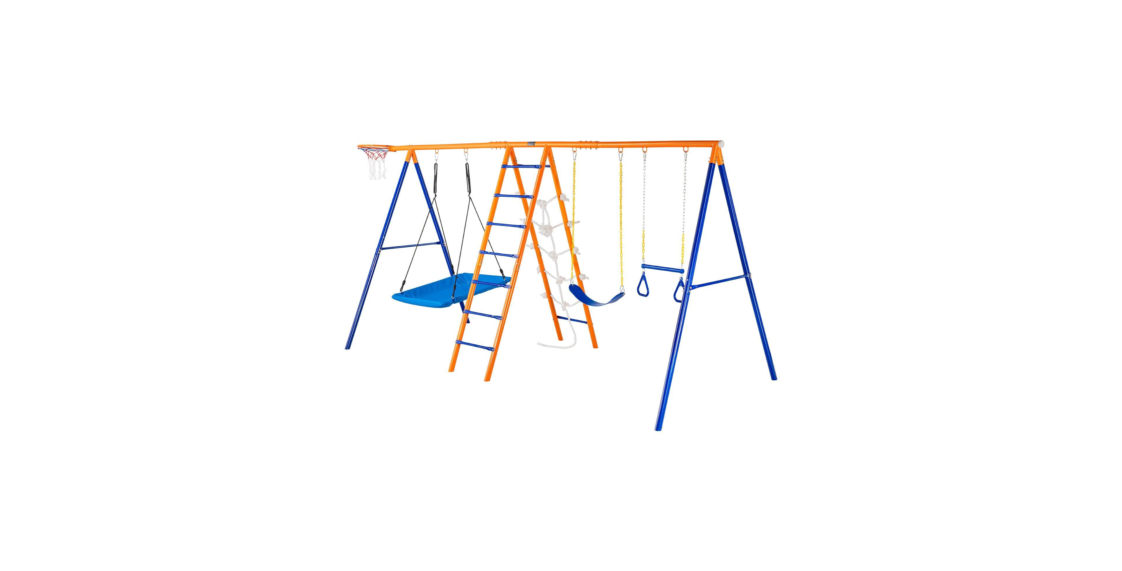 Glintex 6-in-1 Metal A-Frame Swing Set with 2 Swings, Trapeze Bar, Climbing Ladder, Climbing Net & Basketball Hoop, 440 lb Capacity, Ages 3-12