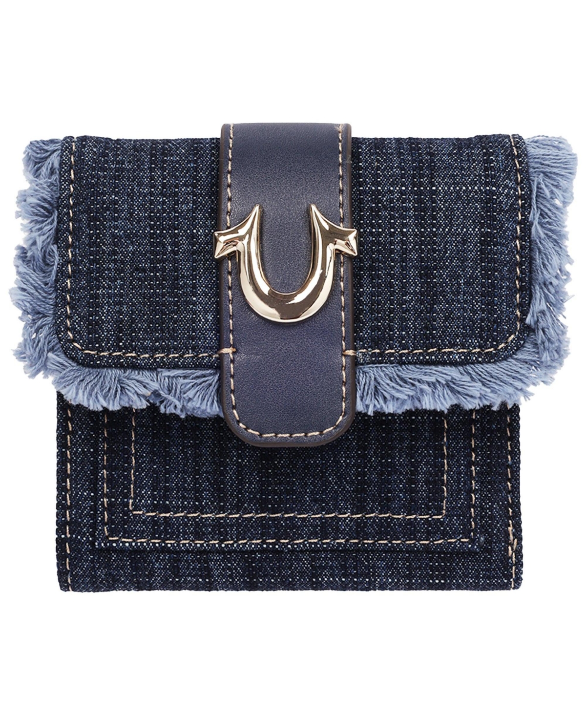 True Religion Frayed Flap Small Trifold Wallet with Horseshoe Hardware