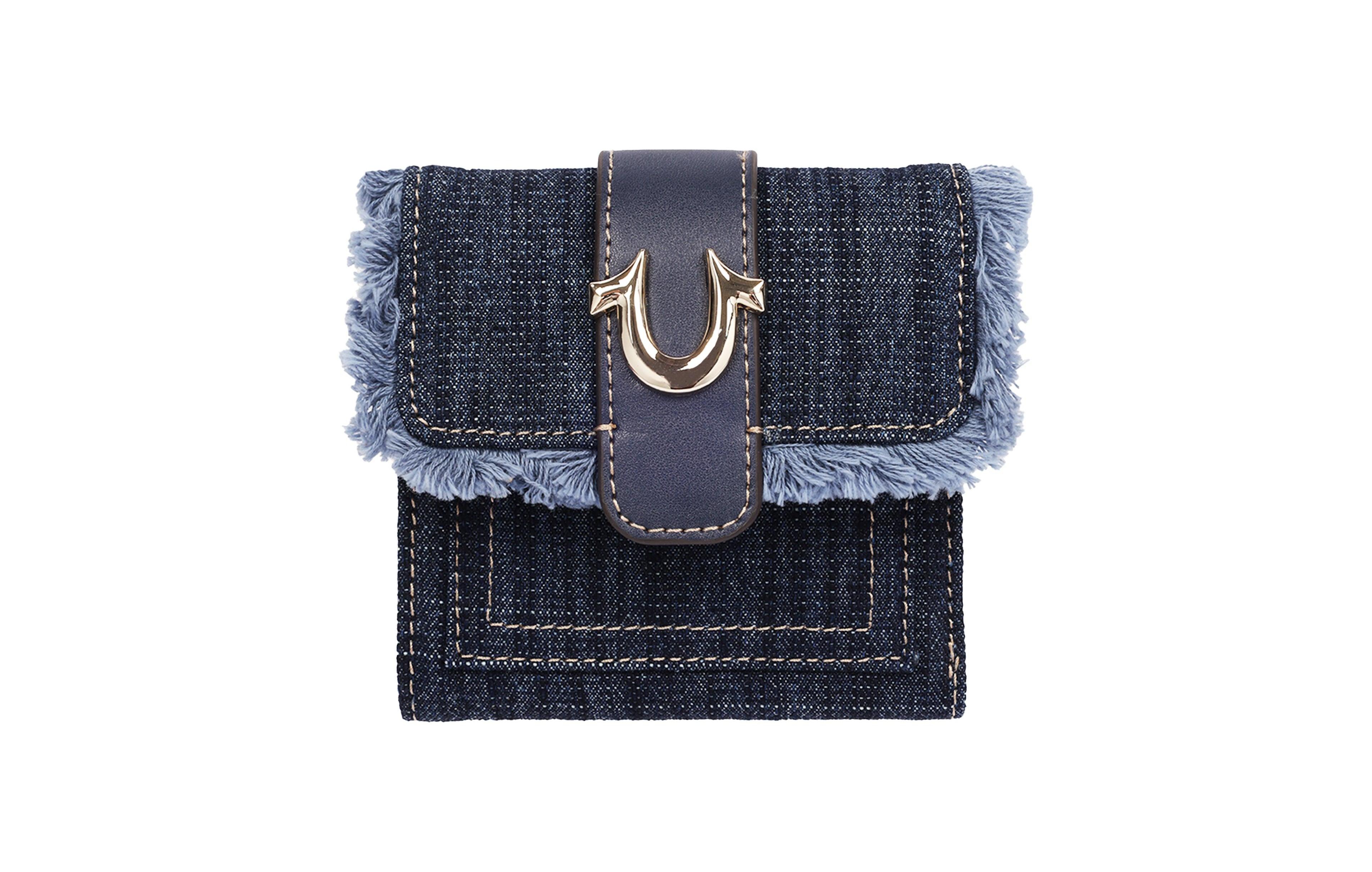 True Religion Frayed Flap Small Trifold Wallet with Horseshoe Hardware