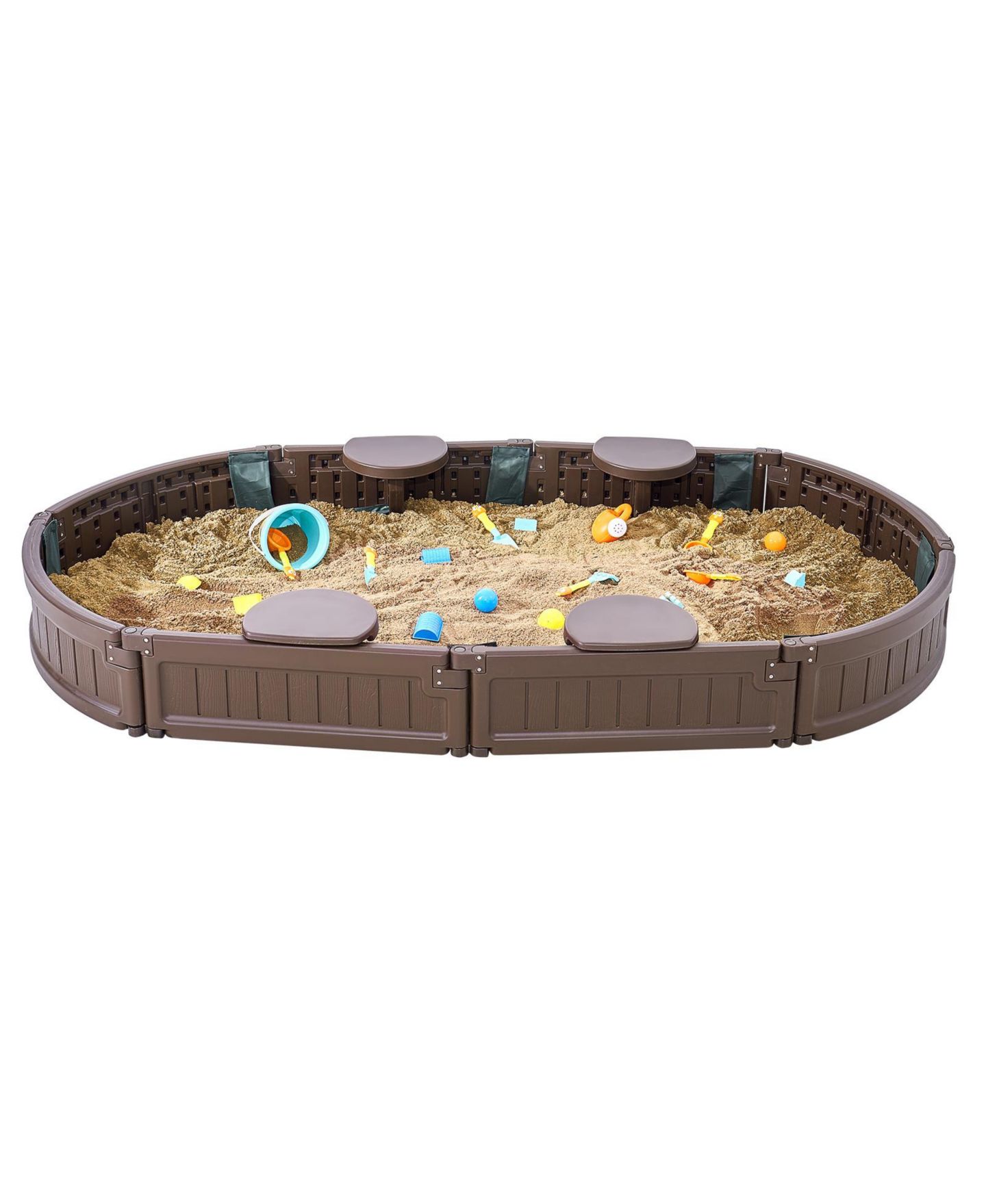 Детская игрушка Glintex 72 x 41.5 in Oval Kids Sandbox with 4 Corner Seats, Cover & Liner, Ages 3-12, цвет: Коричневый — фото 9