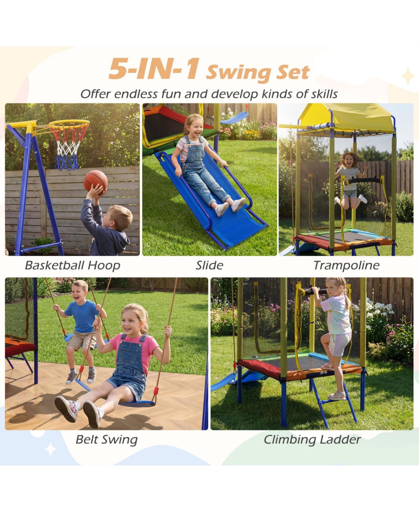 Детские игрушки Glintex 5-in-1 Backyard Playset with 40 in Trampoline, Slide, Swing Set, 330 lb Capacity, Ages 8+, цвет: Жёлтый — фото 8