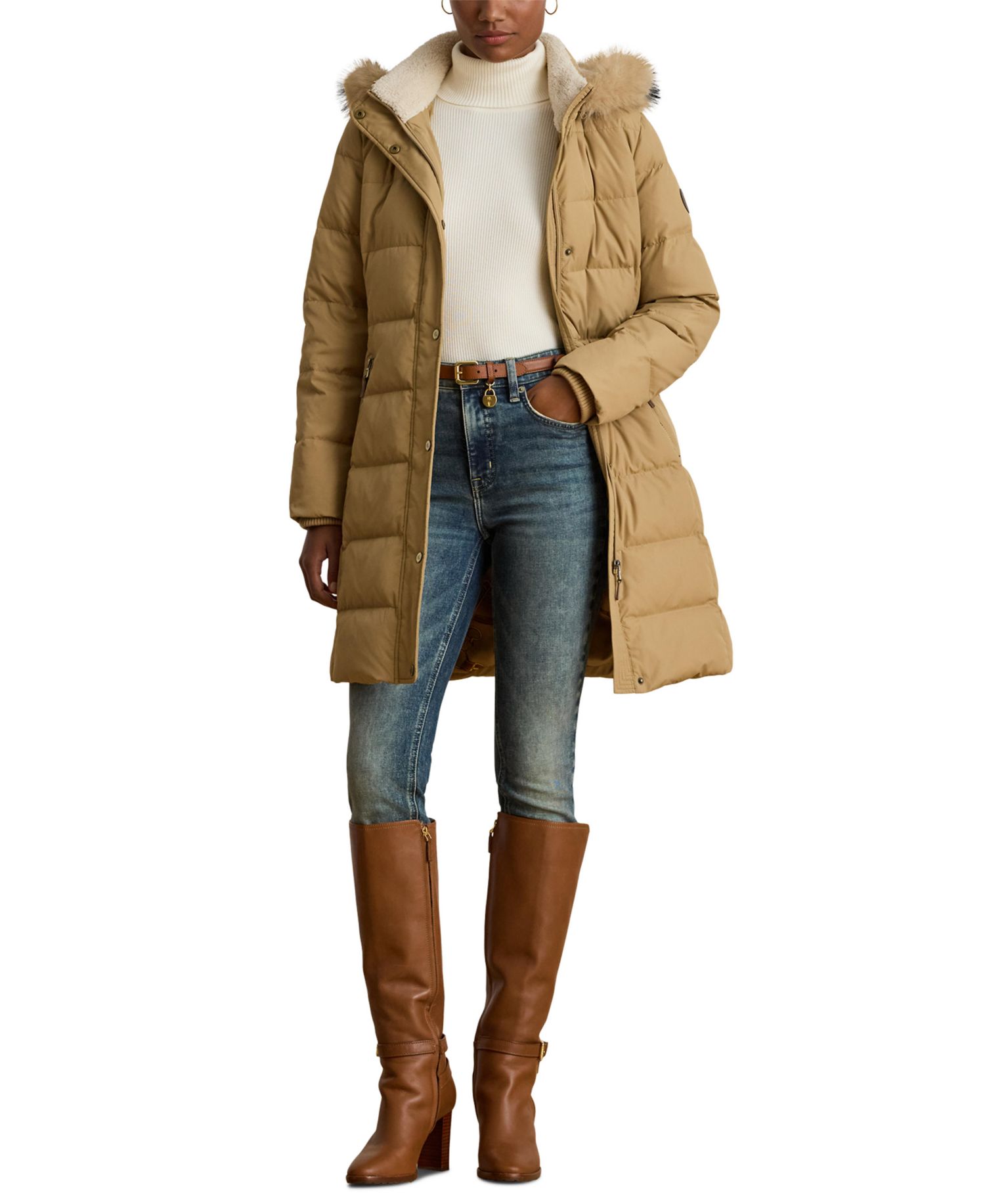 Petite Faux-Fur-Trim Hooded Puffer Coat