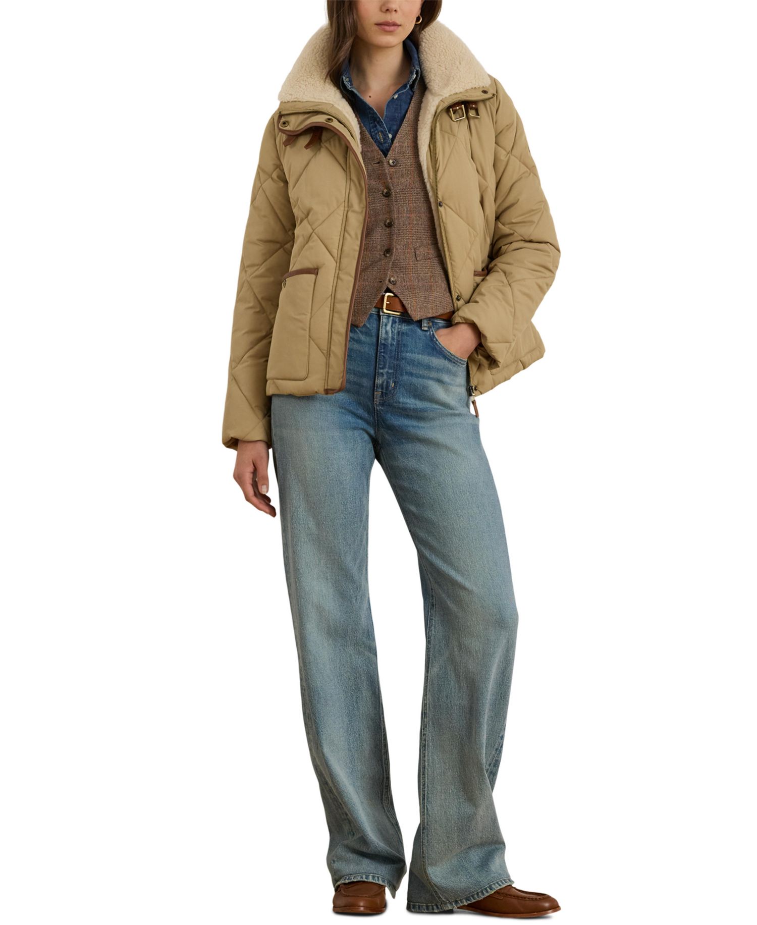 Women's Faux-Fur-Collar Diamond Quilted Jacket