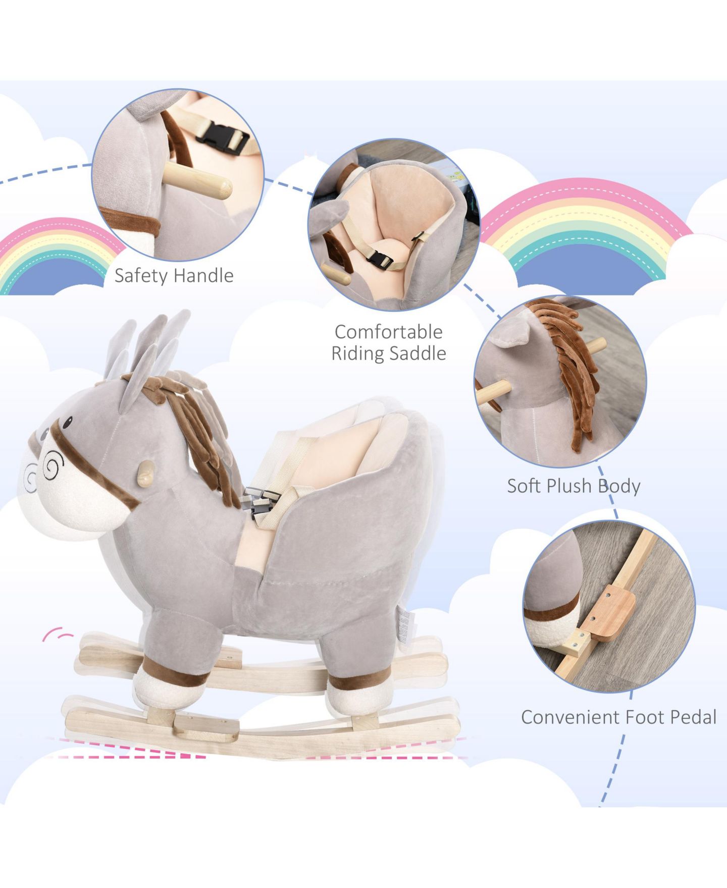 Детская мягкая игрушка Glintex Donkey Rocker Plush Sound Rocking Horse, 88-lb Capacity, Ages 18-36 Months, цвет: Светлый серый — фото 4