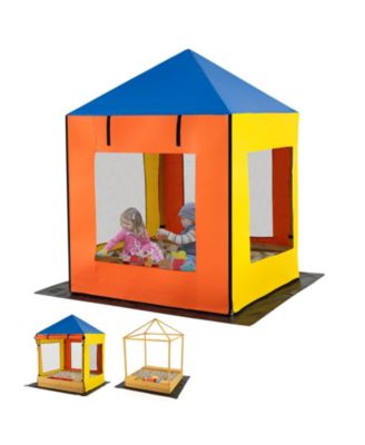 Kids Sandbox, 43.5 x 43.5 in Wooden Sand Pit with Full Canopy, 4 Mesh Windows, Storage Benches, 2 Bins and Bottom Liner