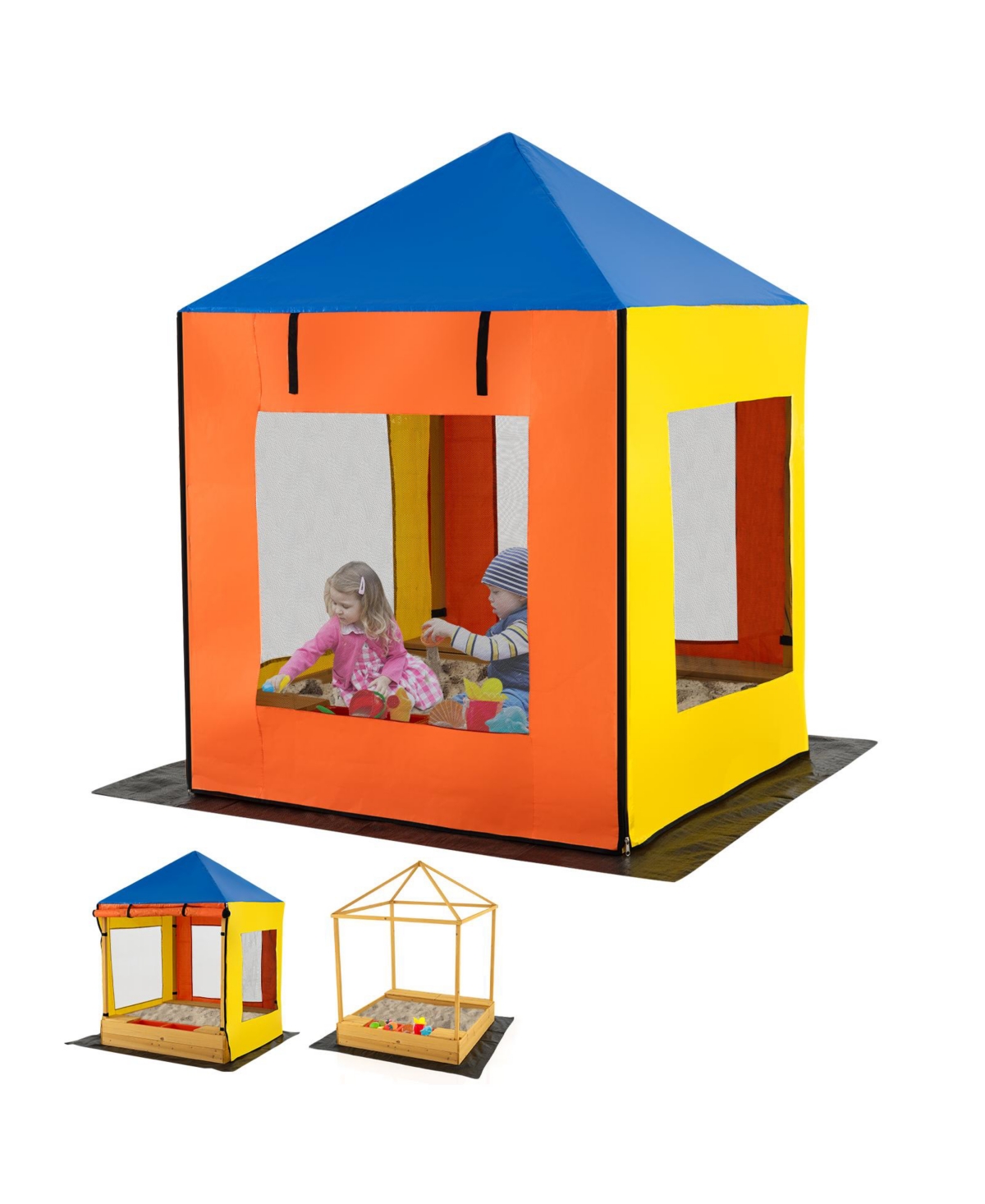 Glintex Kids Sandbox, 43.5 x 43.5 in Wooden Sand Pit with Full Canopy, 4 Mesh Windows, Storage Benches, 2 Bins and Bottom Liner - Multicolor