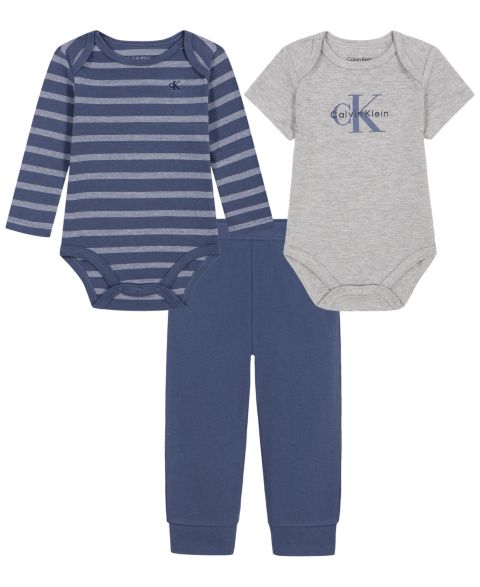 Calvin Klein Baby Boys' Cotton-Blend Knit Bodysuits and Jogger Pants, 3-Piece Set, цвет: Тёмно-синий / Серый