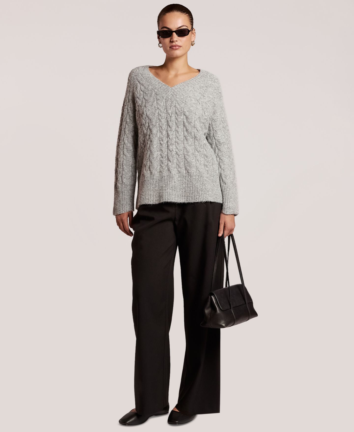 Женский свитер 4th & Reckless Emme Loose Cable-Knit V-Neck, цвет: Серый — фото 2
