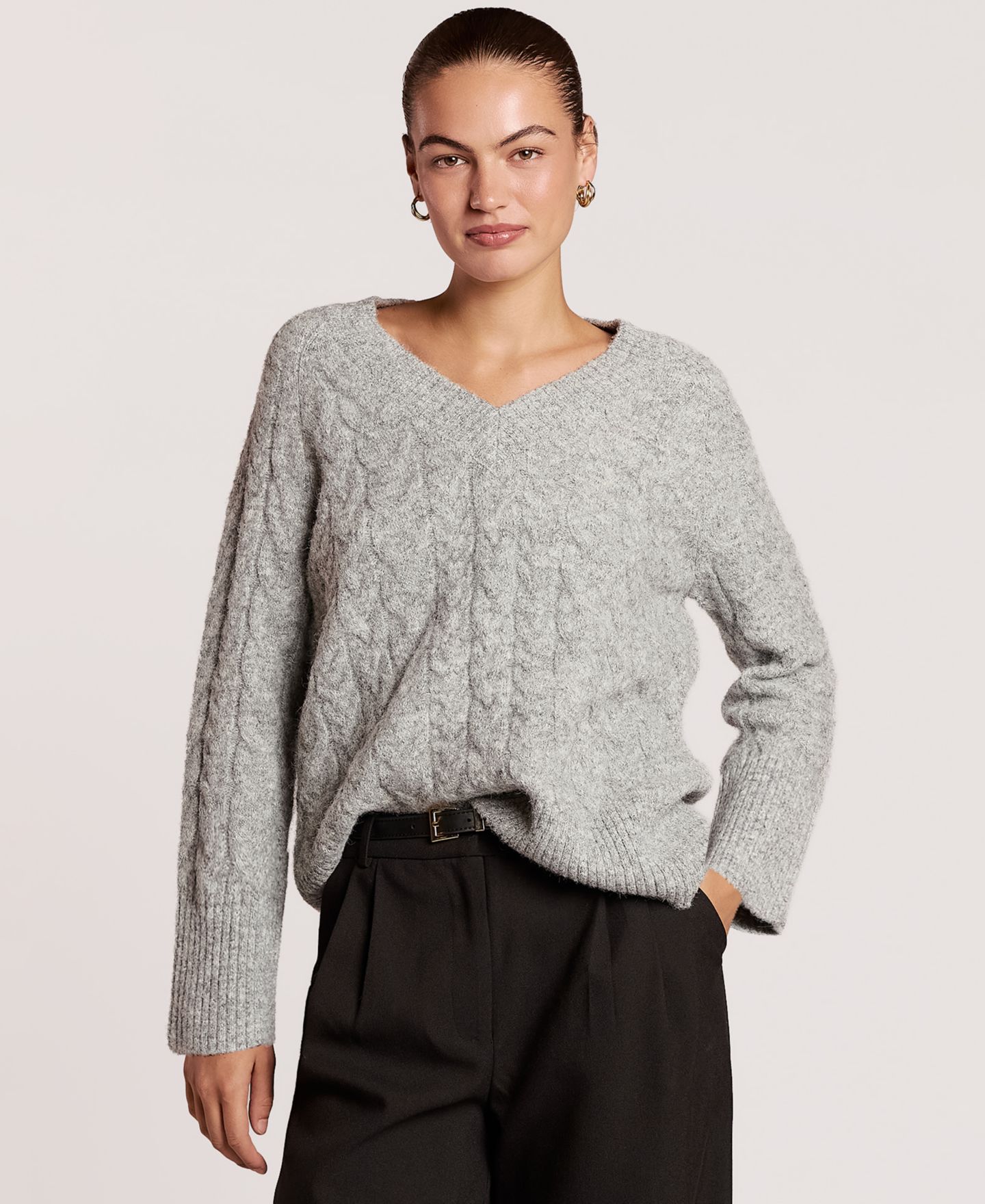 Женский свитер 4th & Reckless Emme Loose Cable-Knit V-Neck, цвет: Серый — фото 6
