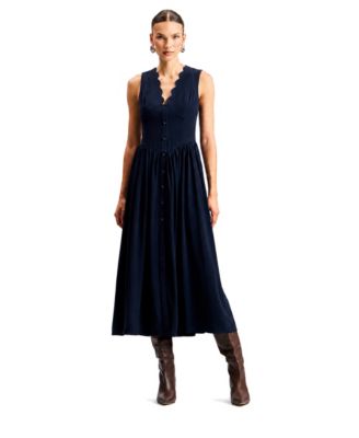 Women's Scallop-Neck Button-Front Stretch Crepe Maxi Dress