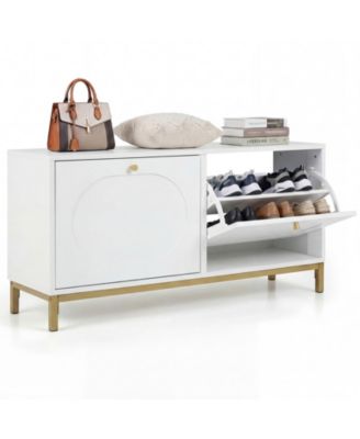 Shoe Storage Bench Narrow Entryway Bench with 2 Flip Drawers Adjustable Shelves