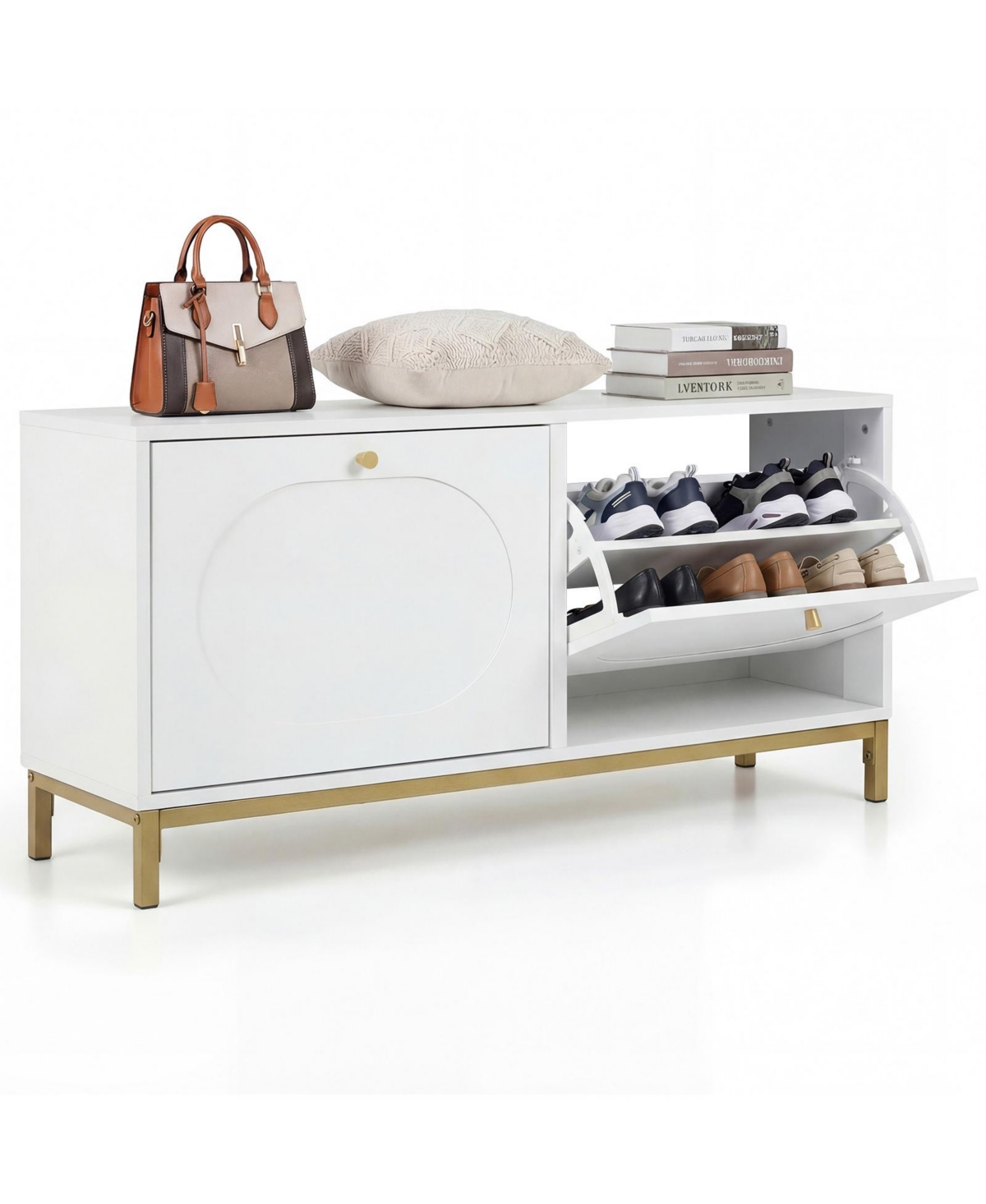 Mecale Shoe Storage Bench Narrow Entryway Bench with 2 Flip Drawers Adjustable Shelves