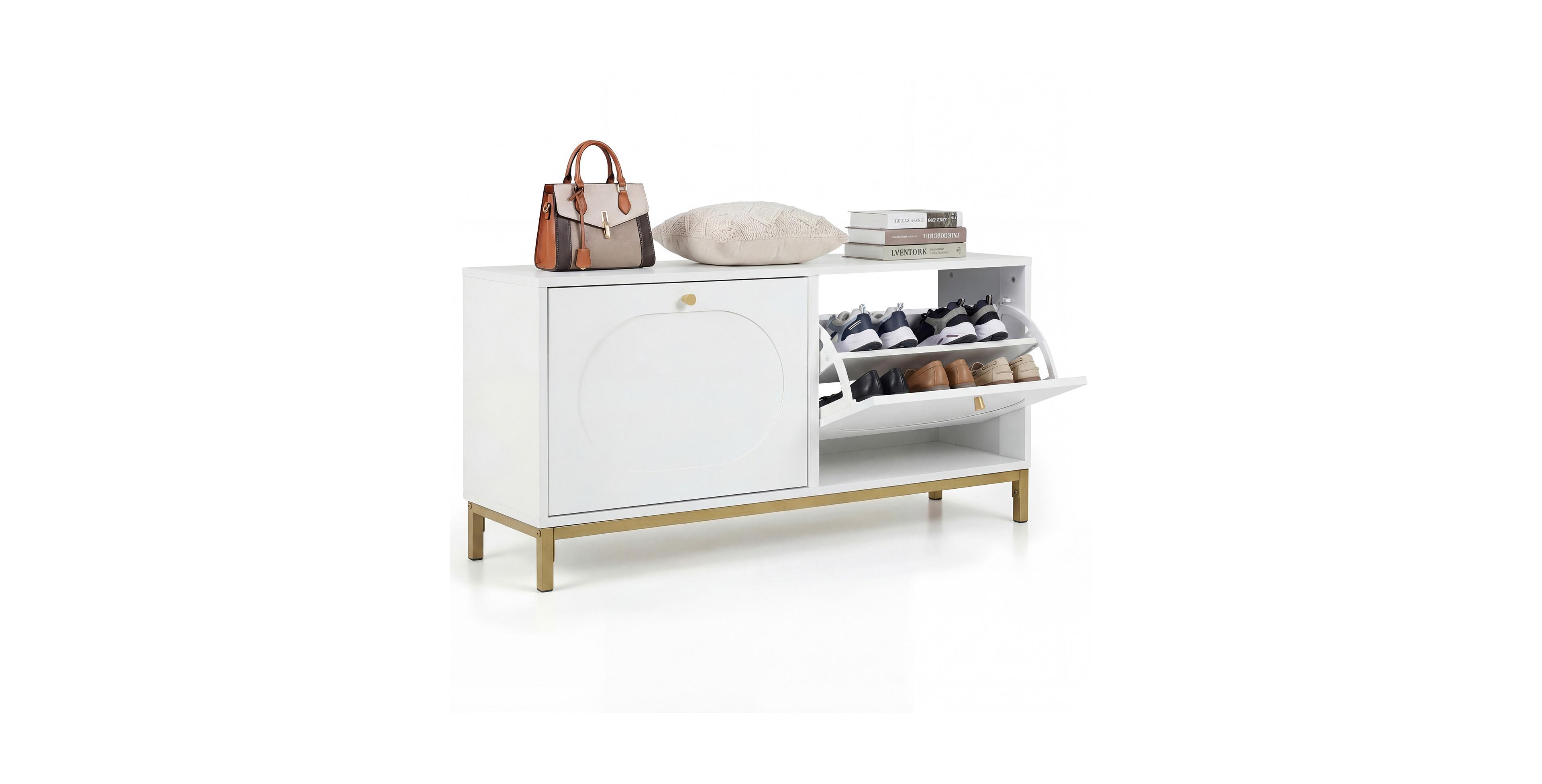 Mecale Shoe Storage Bench Narrow Entryway Bench with 2 Flip Drawers Adjustable Shelves