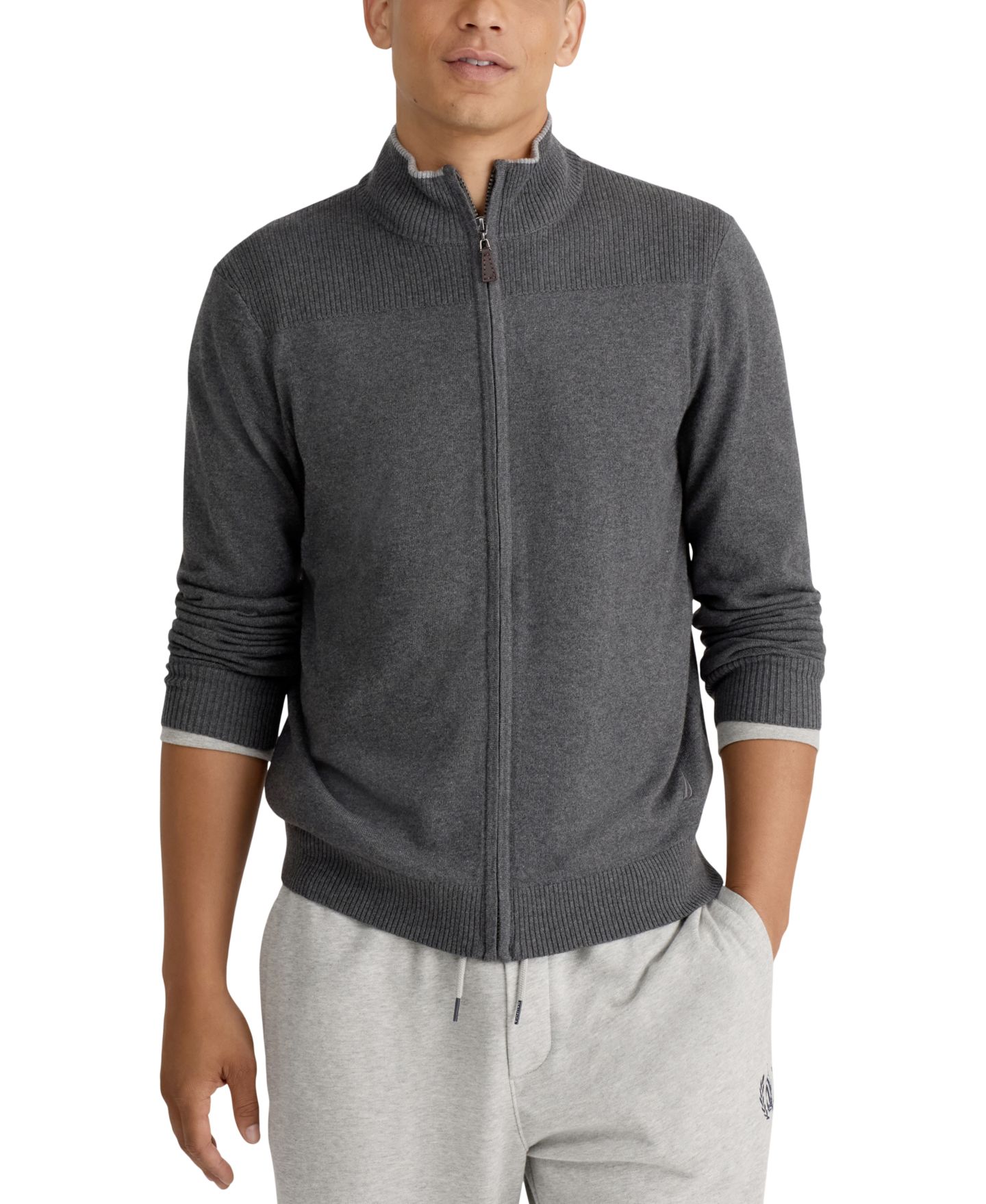 Мужской свитер Nautica Full-Zip Mock-Neck Cotton-Blend, цвет: Угольный меланжевый — фото 1