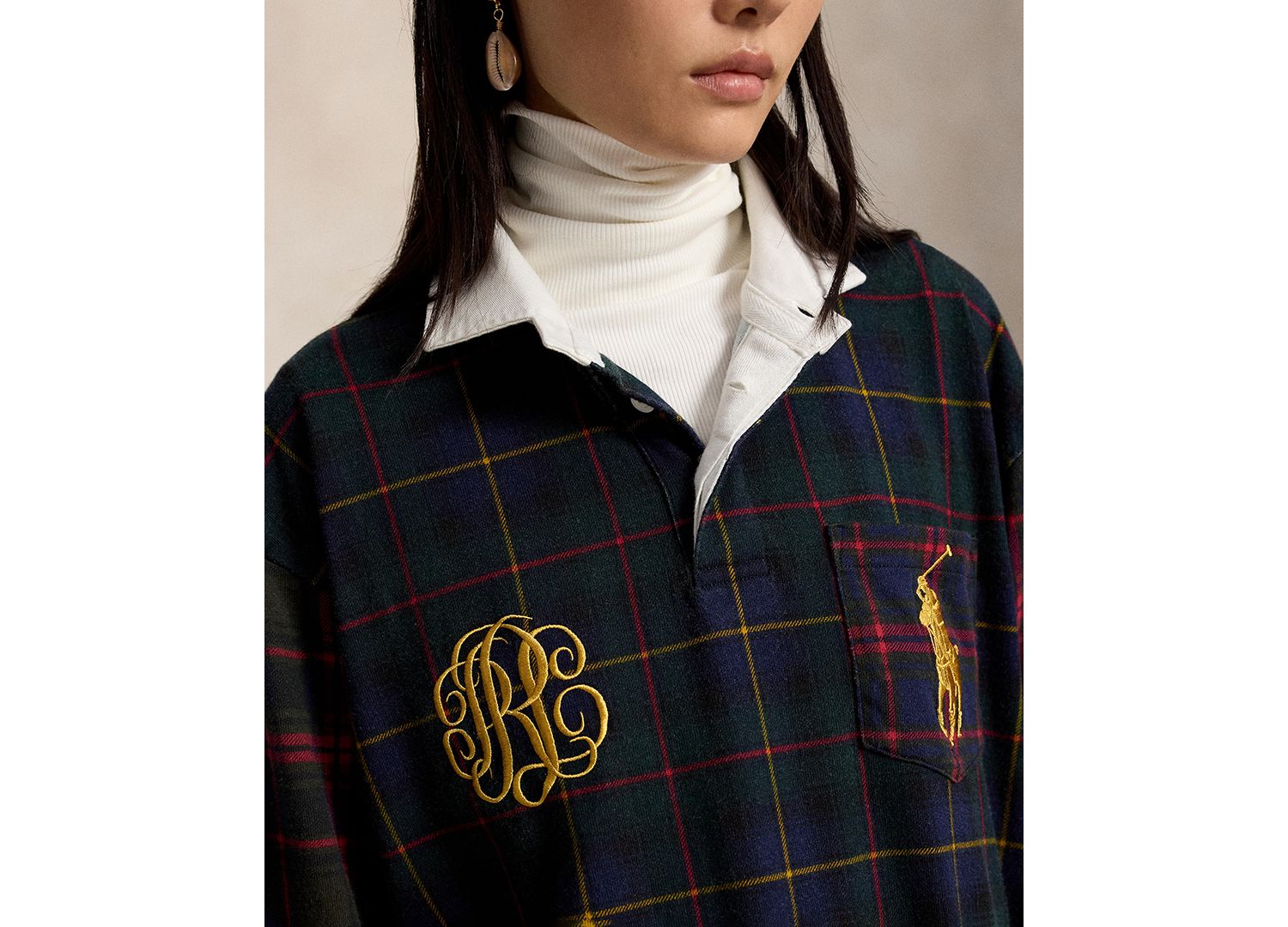 Women's Long-Sleeve Rugby Collar Plaid Rugby Jersey