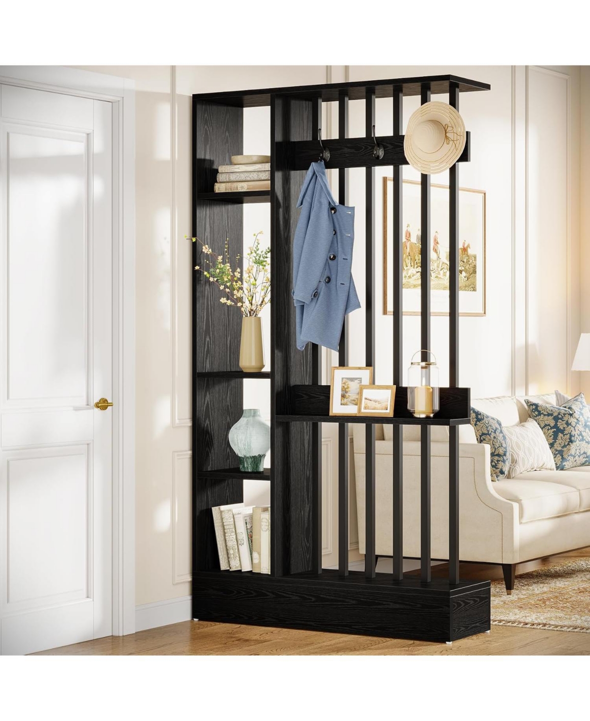 Tribesigns 71" Wall Room Divider with Shelves and Coat Hooks, Wood Freestanding Bookcase for Home Office Decorative