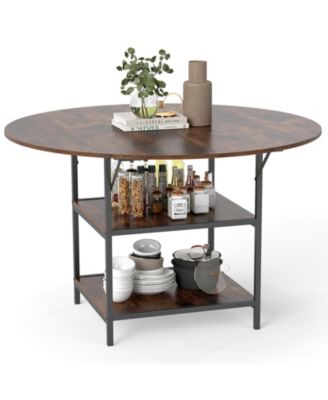 47 Inch Round Dining Table for 4 6 People Large Kitchen Table with 2 Tier Storage Shelves Rustic