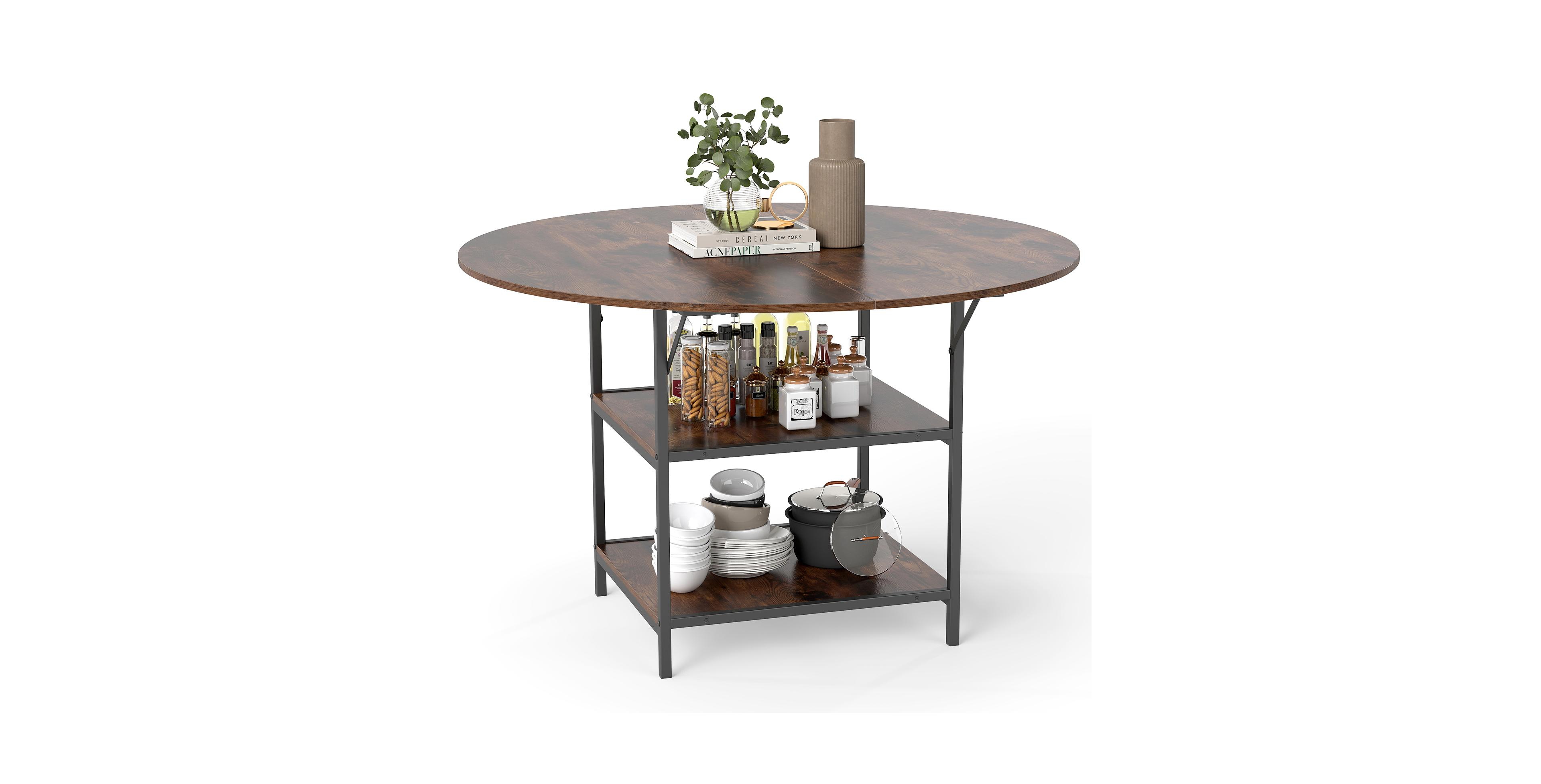 Mecale 47 Inch Round Dining Table for 4 6 People Large Kitchen Table with 2 Tier Storage Shelves Rustic