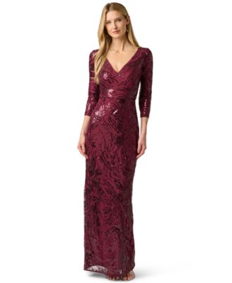 Women's Floral-Print Sequin-Embroidered V-Neck Gown