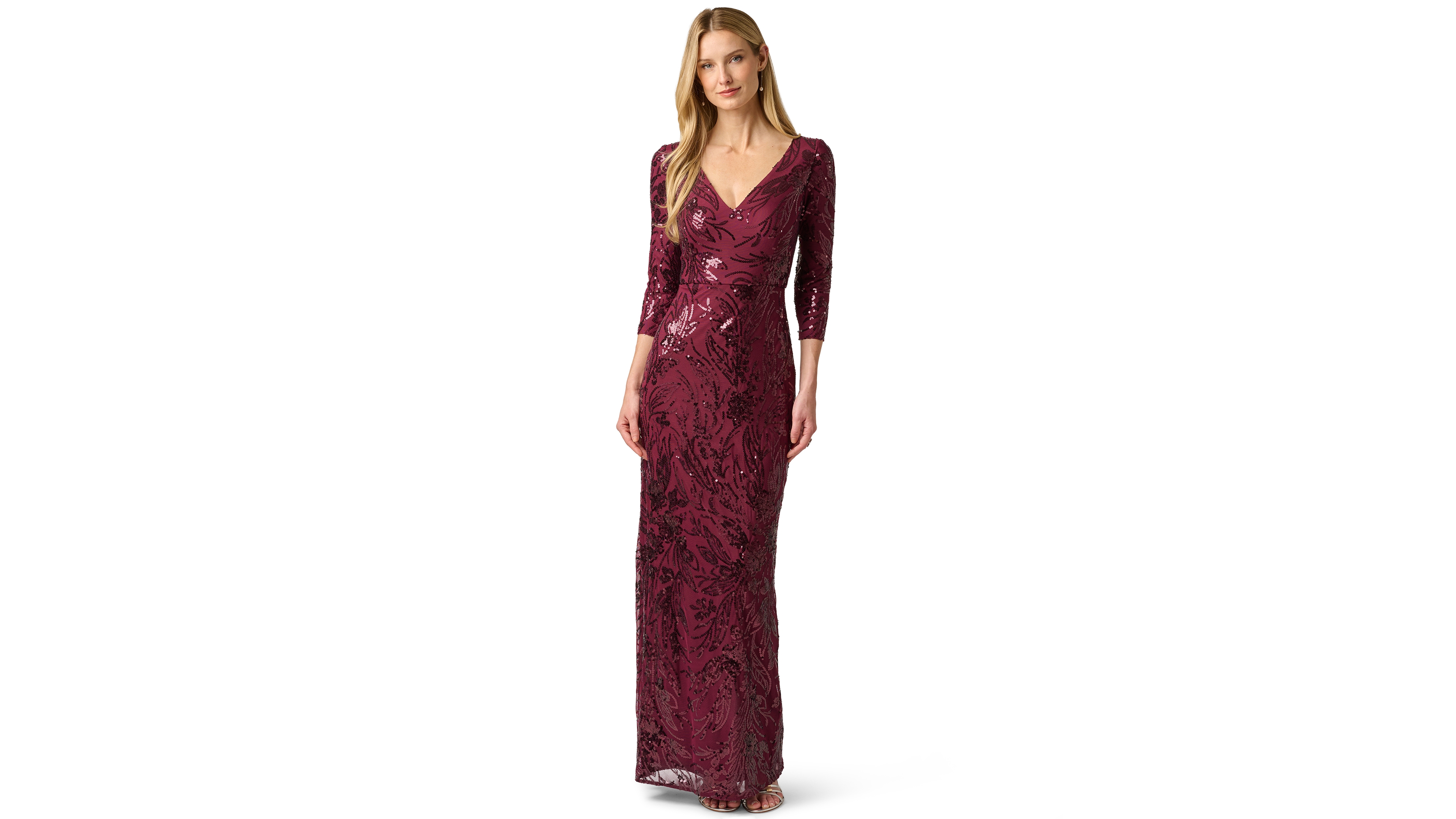 Adrianna Papell Women's Floral-Print Sequin-Embroidered V-Neck Gown