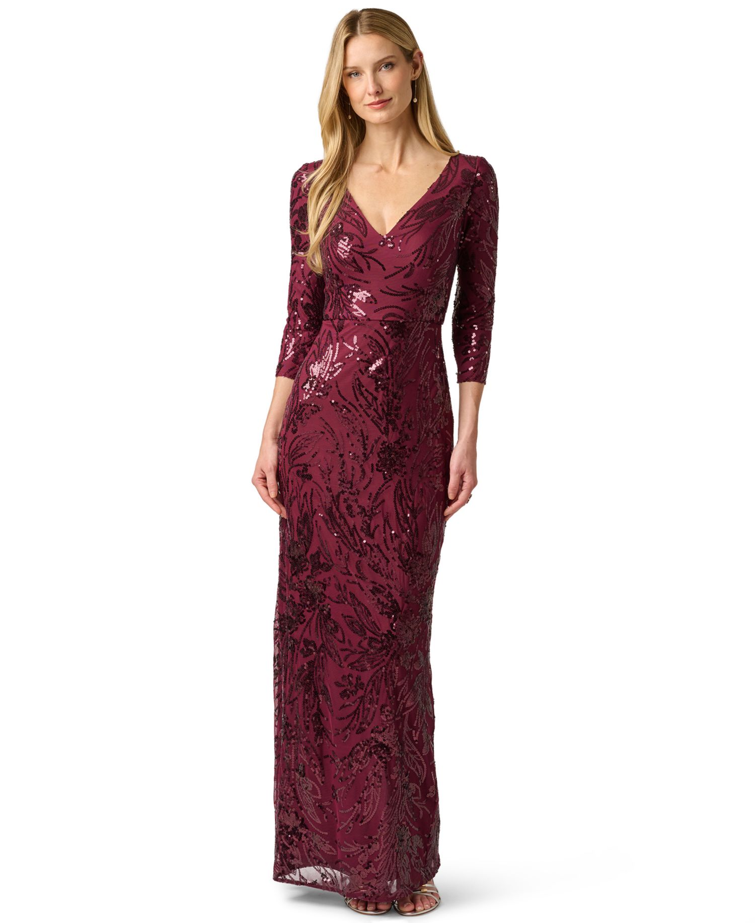 Women's Floral-Print Sequin-Embroidered V-Neck Gown