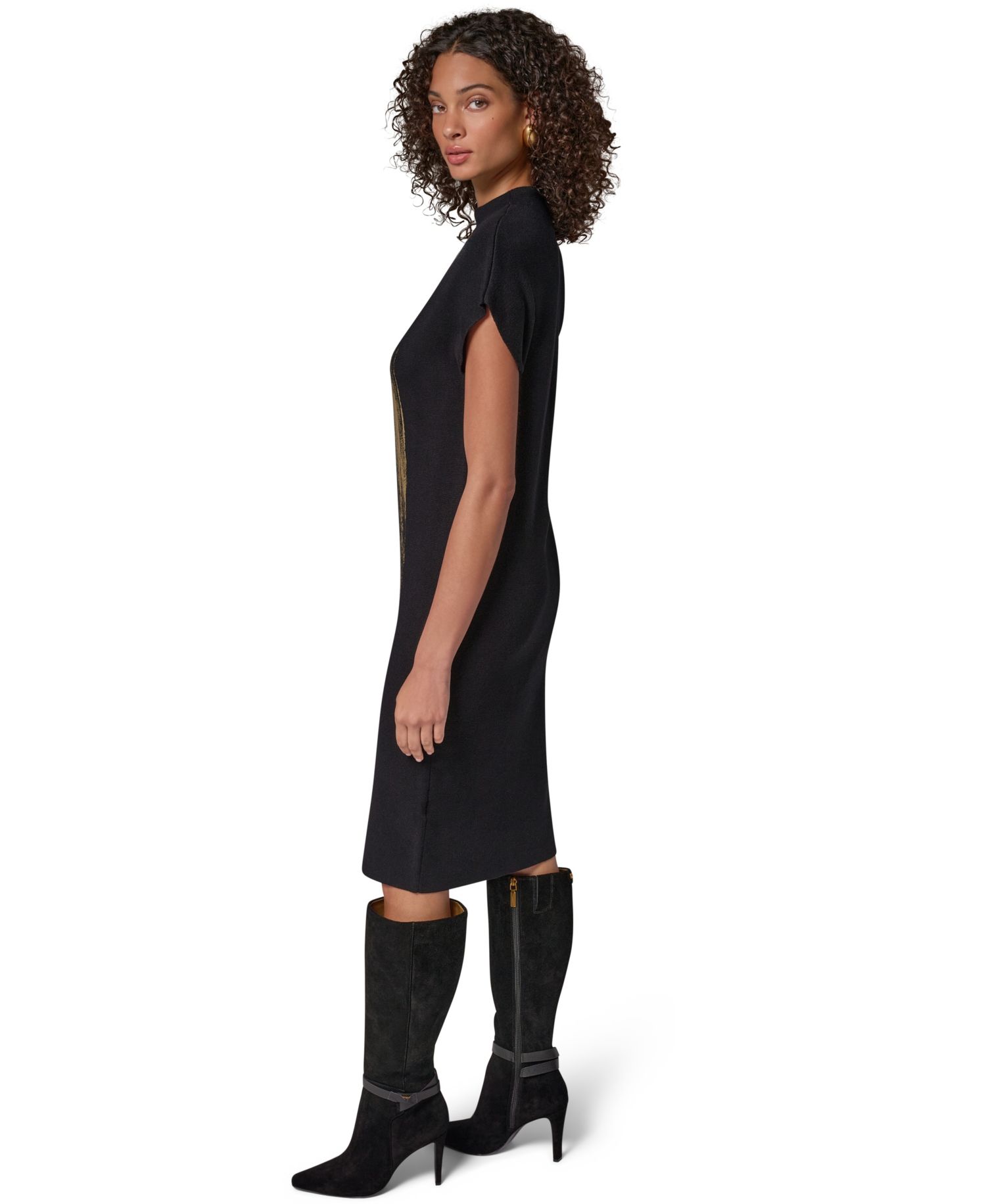 Petite Cap Sleeve Metallic-Print Graphic Midi Sweater Dress