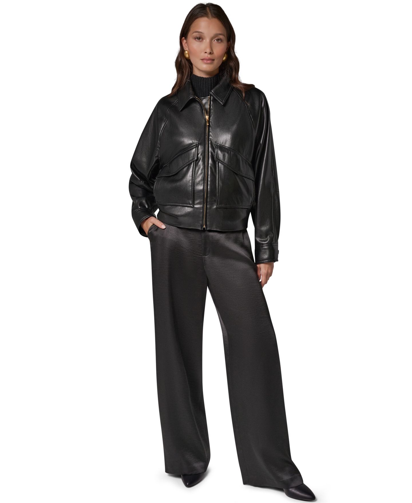 Женская короткая куртка Donna Karan New York из экокожи с воротником, для невысоких, цвет: Чёрный — фото 3