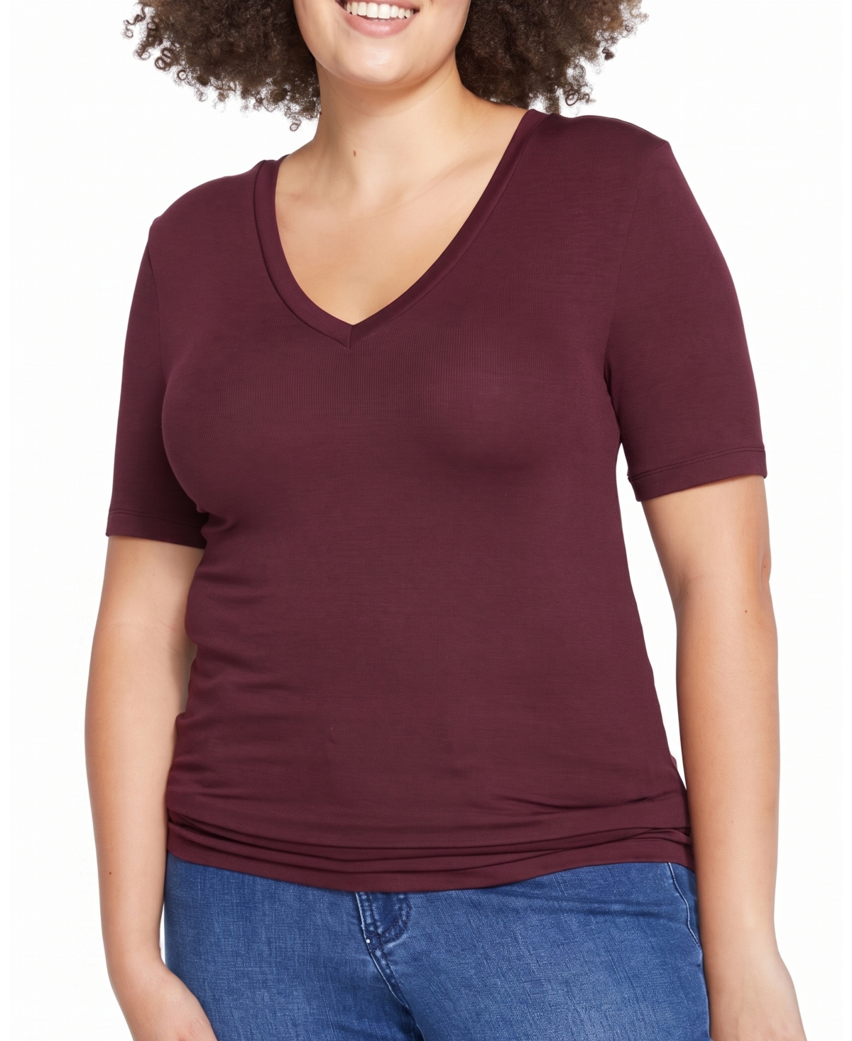 Universal Standard Plus Size Cloud Rib V-Neck Ribbed Short-Sleeve T-Shirt - Black cherry