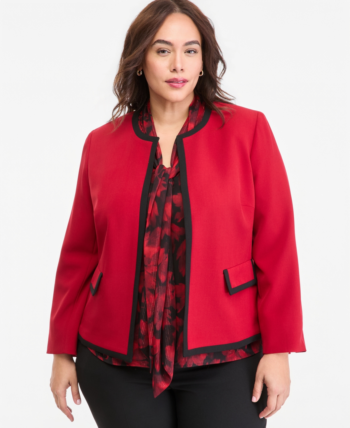 Kasper Plus Size Colorblock Collarless Blazer - Fire Red/black