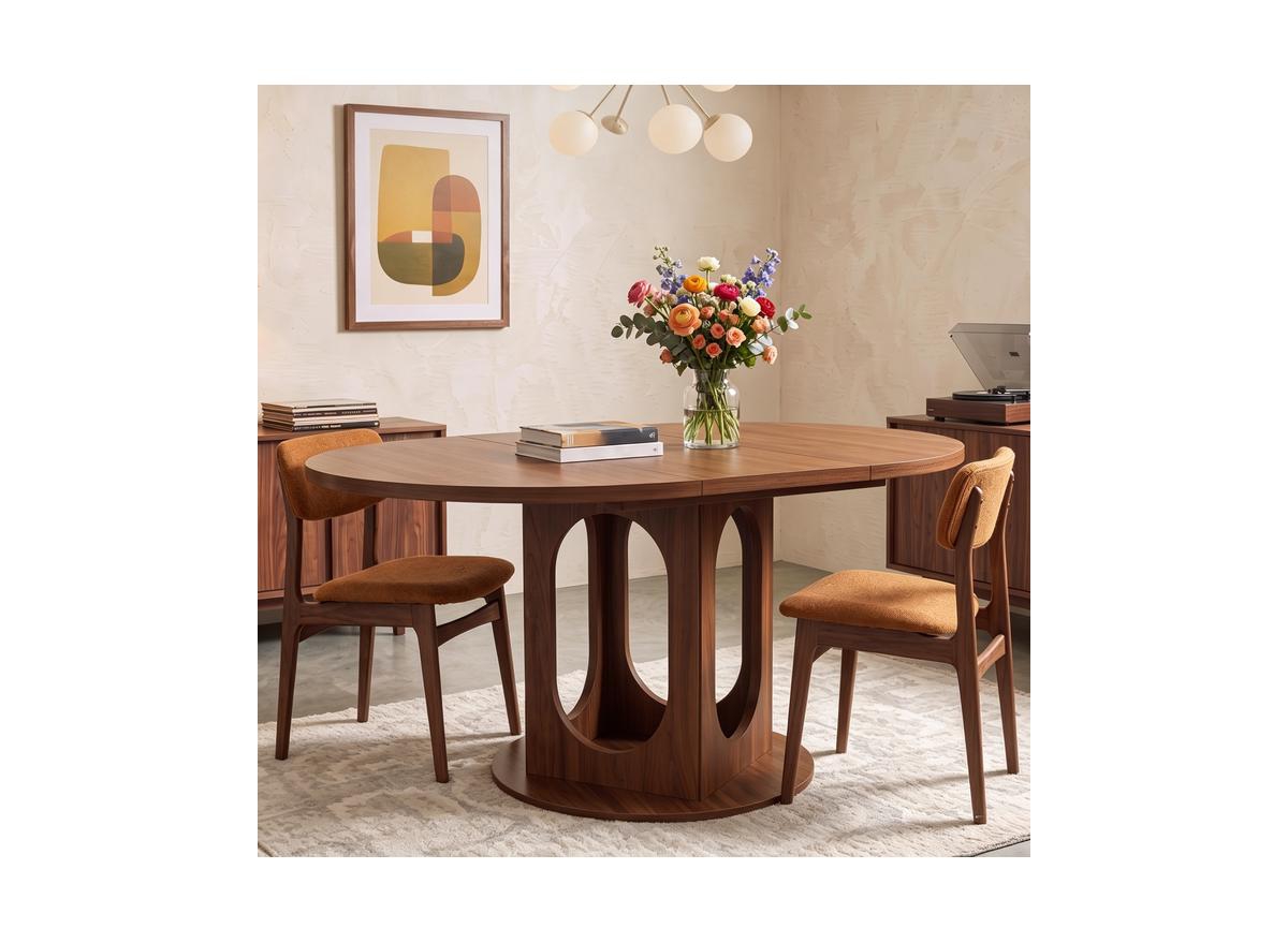 Extendable Dining Table for 4-8, Space Saving Wooden Round to Oval Kitchen Table with Modern Pedestal Base for Apartment Dining Room - Brown
