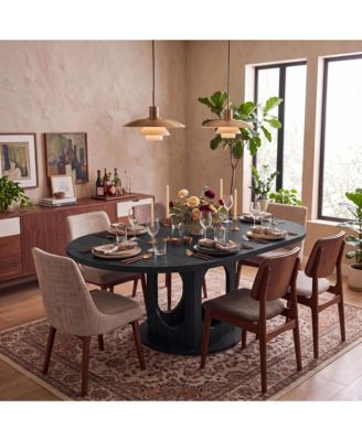Extendable Dining Table for 4-8, Space Saving Wooden Round to Oval Kitchen Table with Modern Pedestal Base for Apartment Dining Room