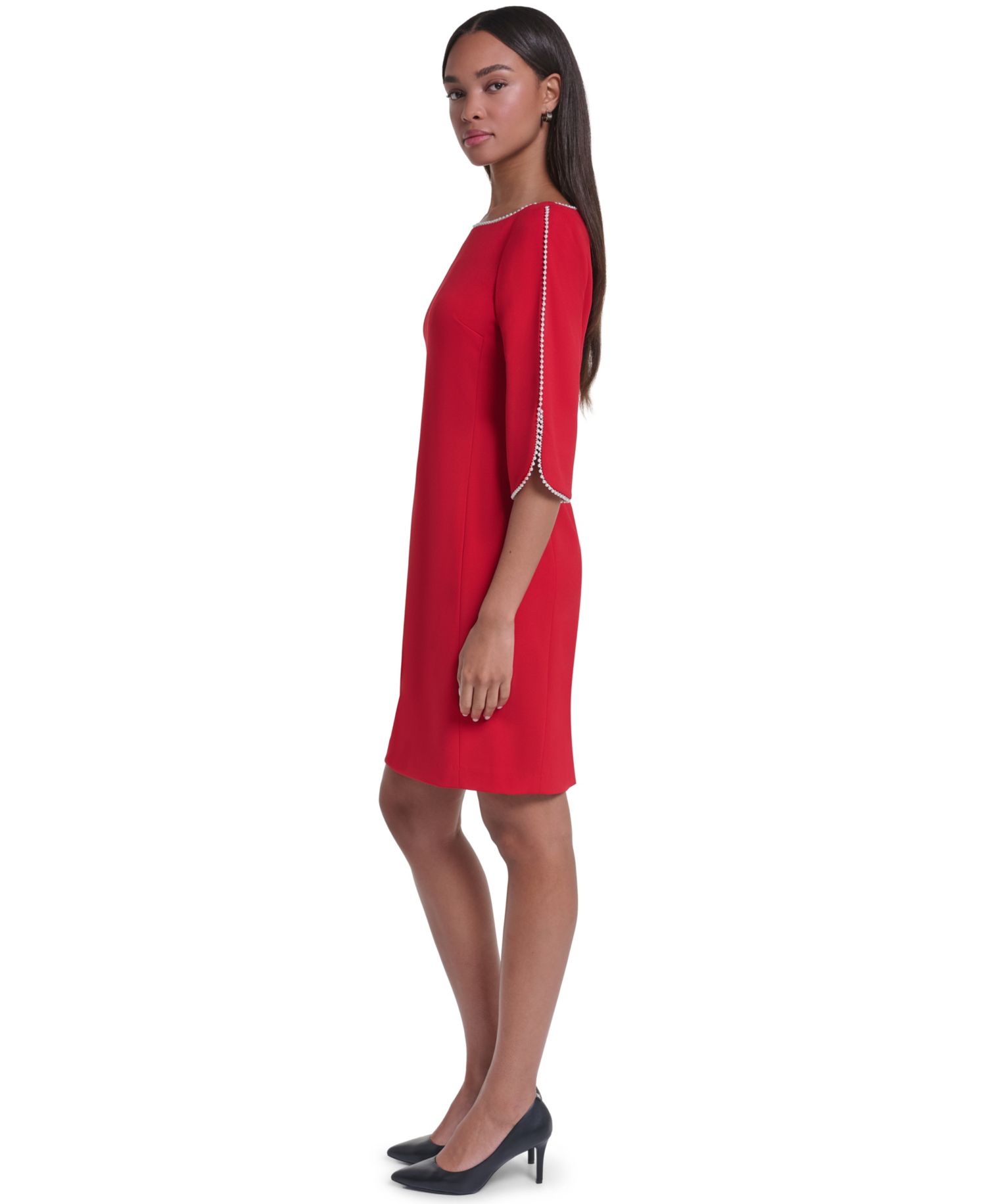 Women's Scuba Crepe Imitation Pearl Framing Boat Neck Dress