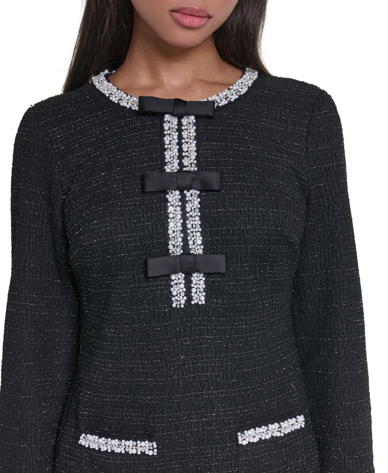 Women's Shimmer Knit Tweed Bow-Trim Shift Dress