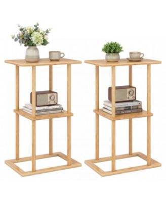 2 Pieces Side Table with Storage Shelves and Bamboo Construction