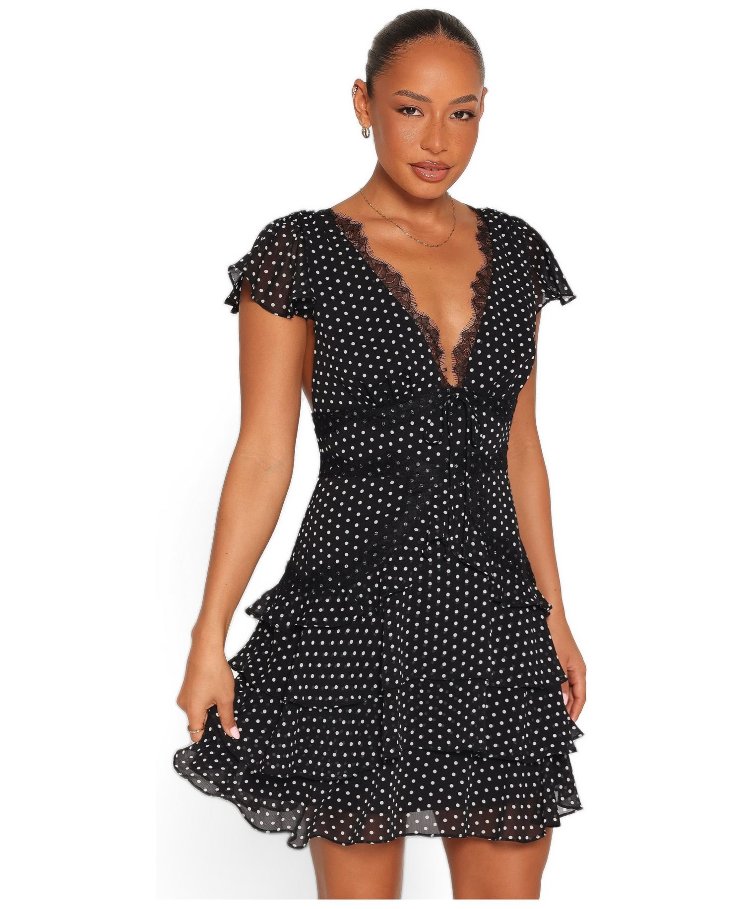 Women's Saint V-Neck Tiered-Ruffle Flutter-Sleeve Mini Dress