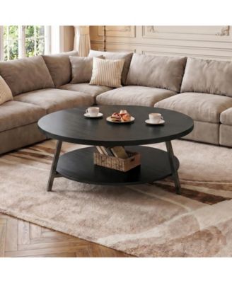 29.5" Round Wood Coffee Table with 2-Tier Storage