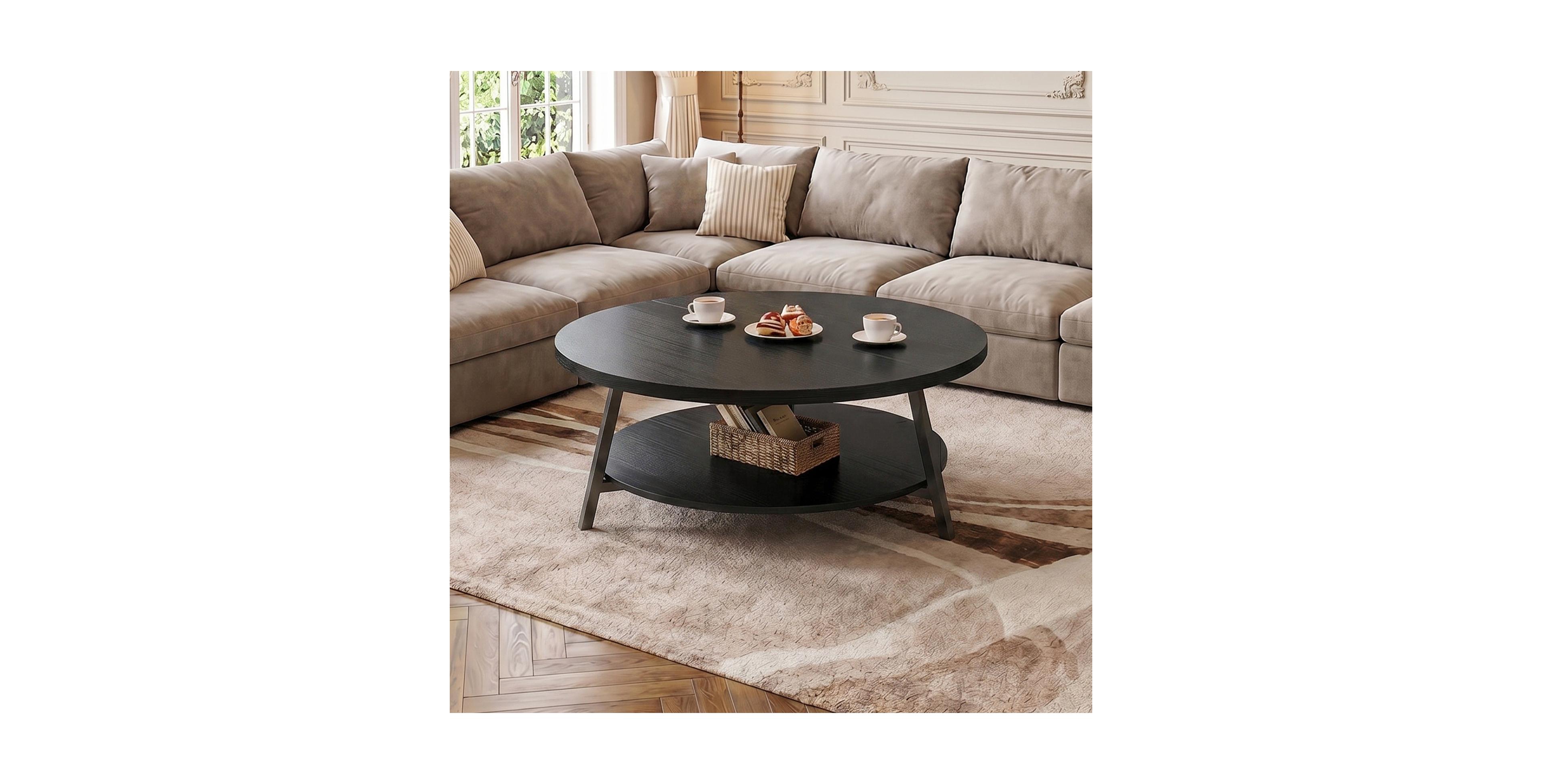 Aheaplus 29.5" Round Wood Coffee Table with 2-Tier Storage