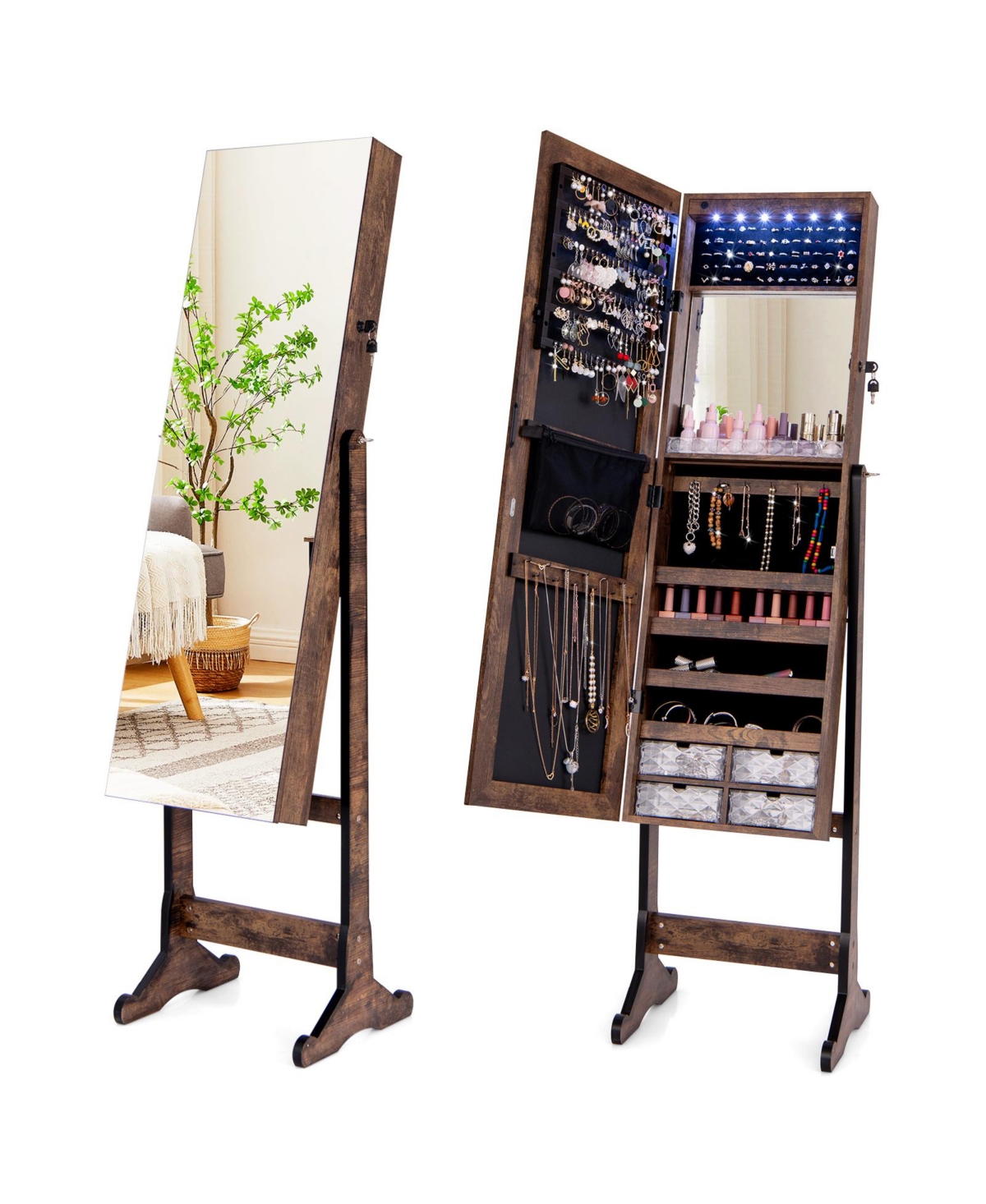 Mecale Free Standing Full Length Jewelry Armoire with Lights