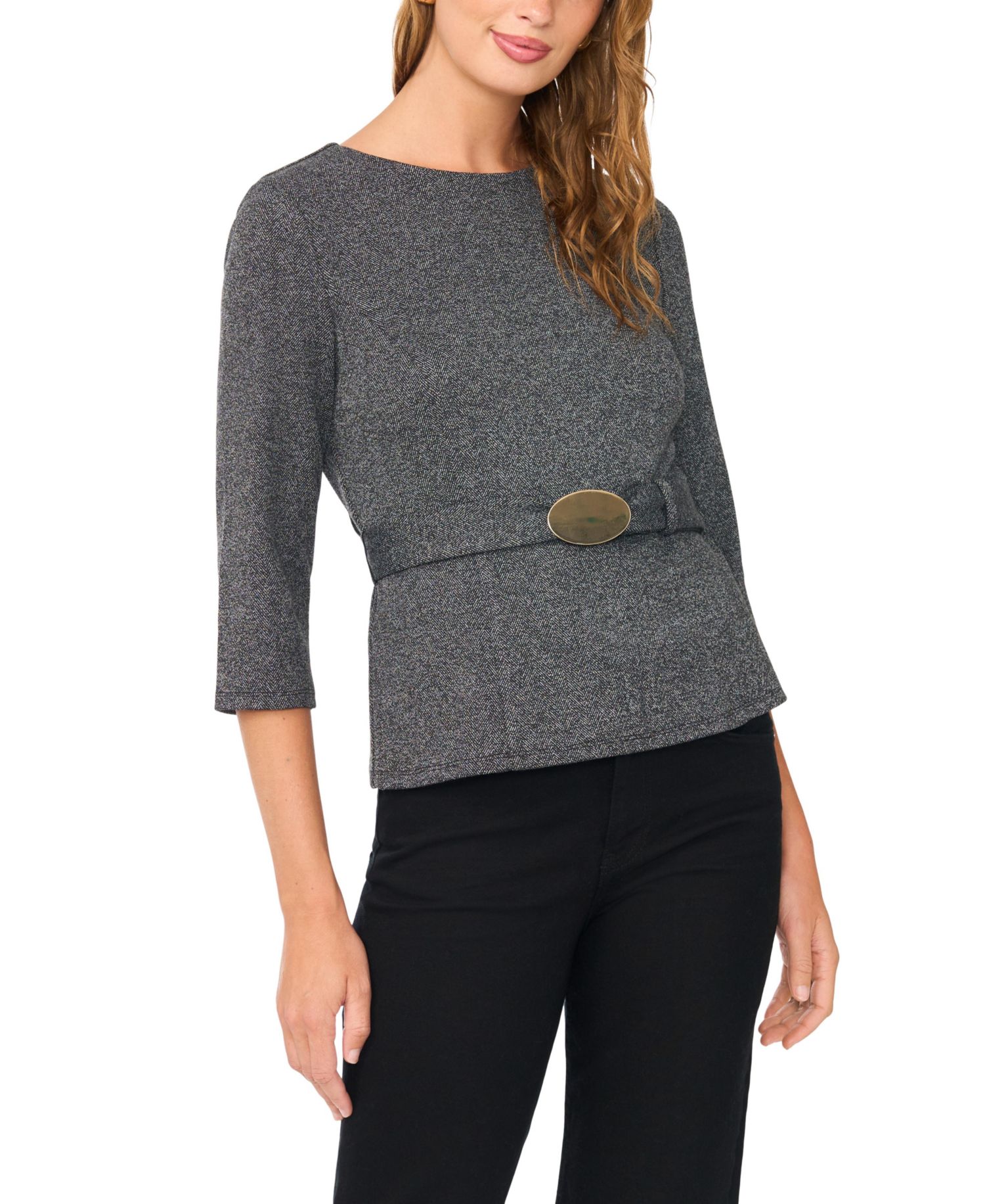 Women's Belted 3/4-Sleeve Crewneck Top