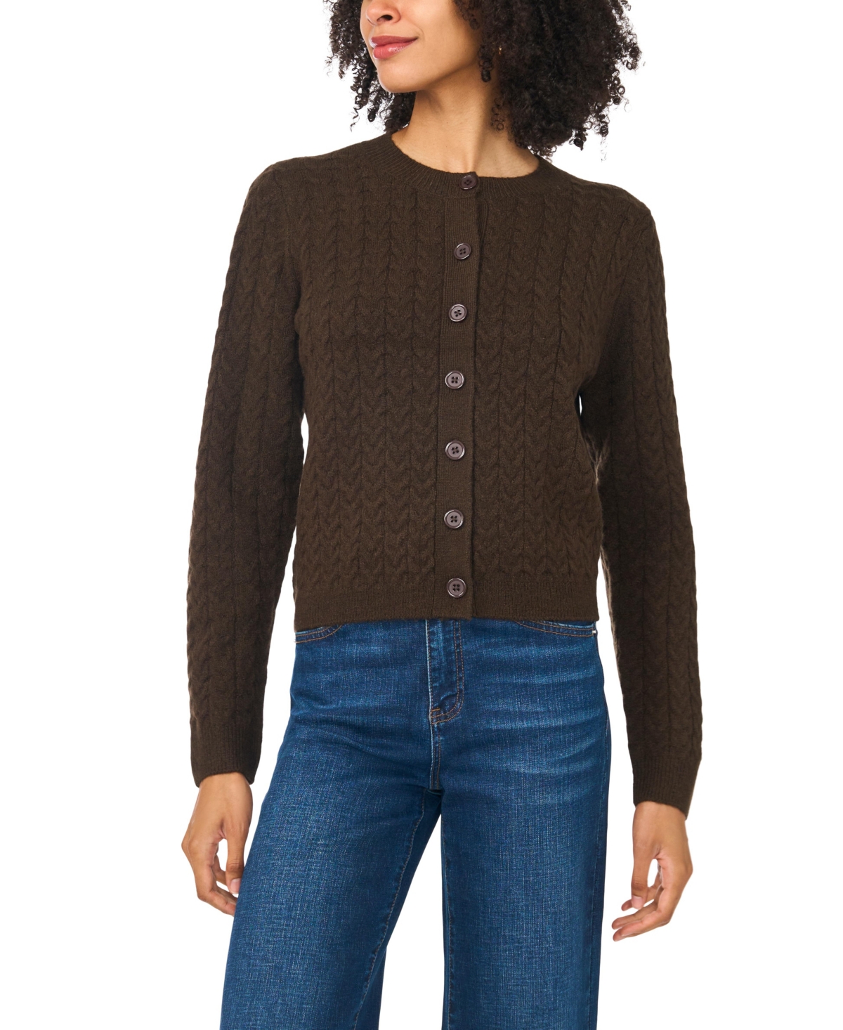 Vince Camuto Women's Cable-Knit Crewneck Cardigan - Chocolate
