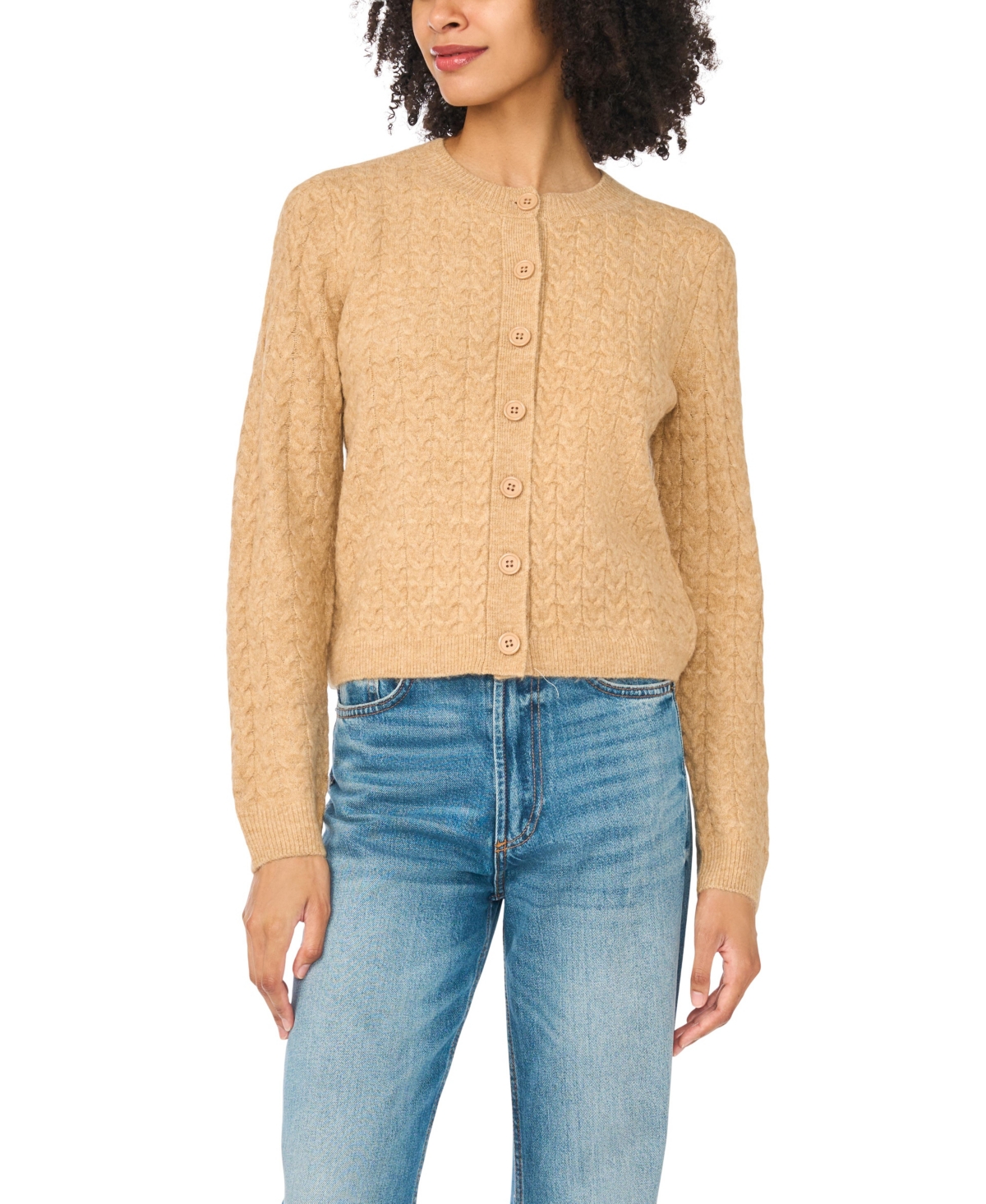 Vince Camuto Women's Cable-Knit Crewneck Cardigan - Latte Heather
