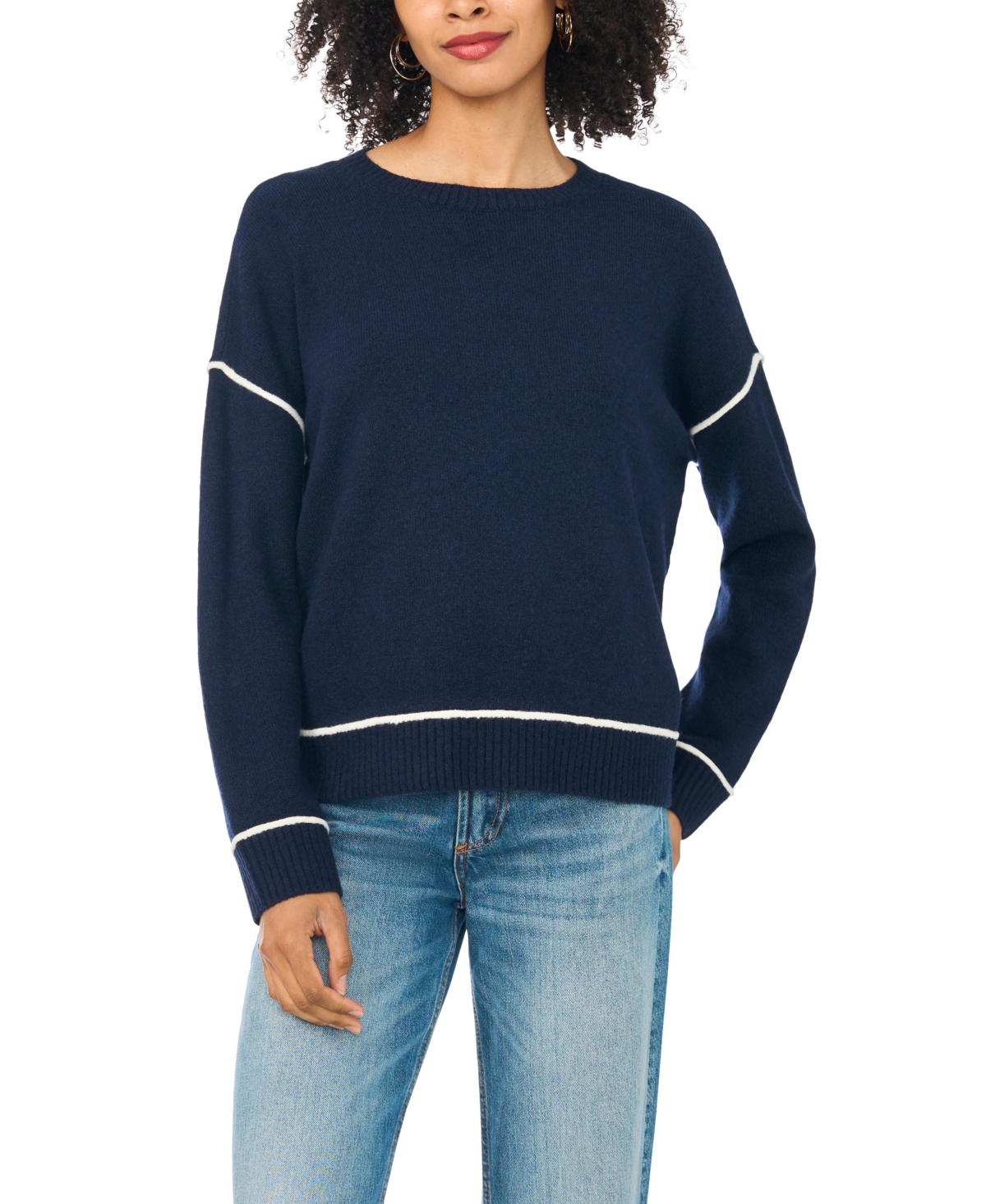 Vince Camuto Women's Long Sleeve Crewneck with Contrast Stitching Sweater
