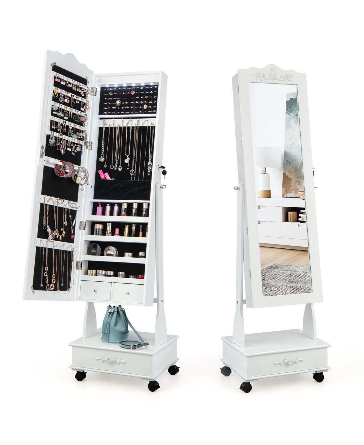 Mecale Rolling Floor Standing Mirrored Jewelry Armoire with Lock and Drawers
